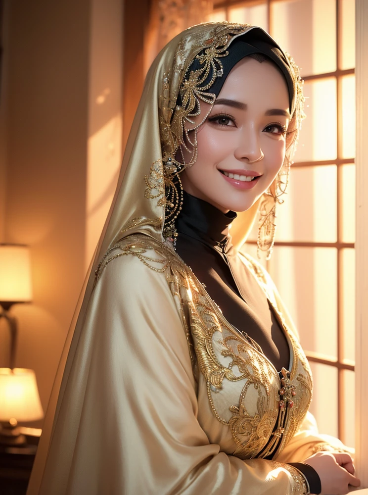 1girl, gorgeous Indonesian woman, silk abaya, hijab, smiling, warm smile, extremely beautiful detailed teeth, hot mom, full body portrait, (best quality,4k,8k,highres,masterpiece:1.2),ultra-detailed,(realistic,photorealistic,photo-realistic:1.37),HDR,UHD,studio lighting,ultra-fine painting,sharp focus,physically-based rendering,extreme detail description,professional,vivid colors,bokeh,portraits,warm color tones,dramatic lighting