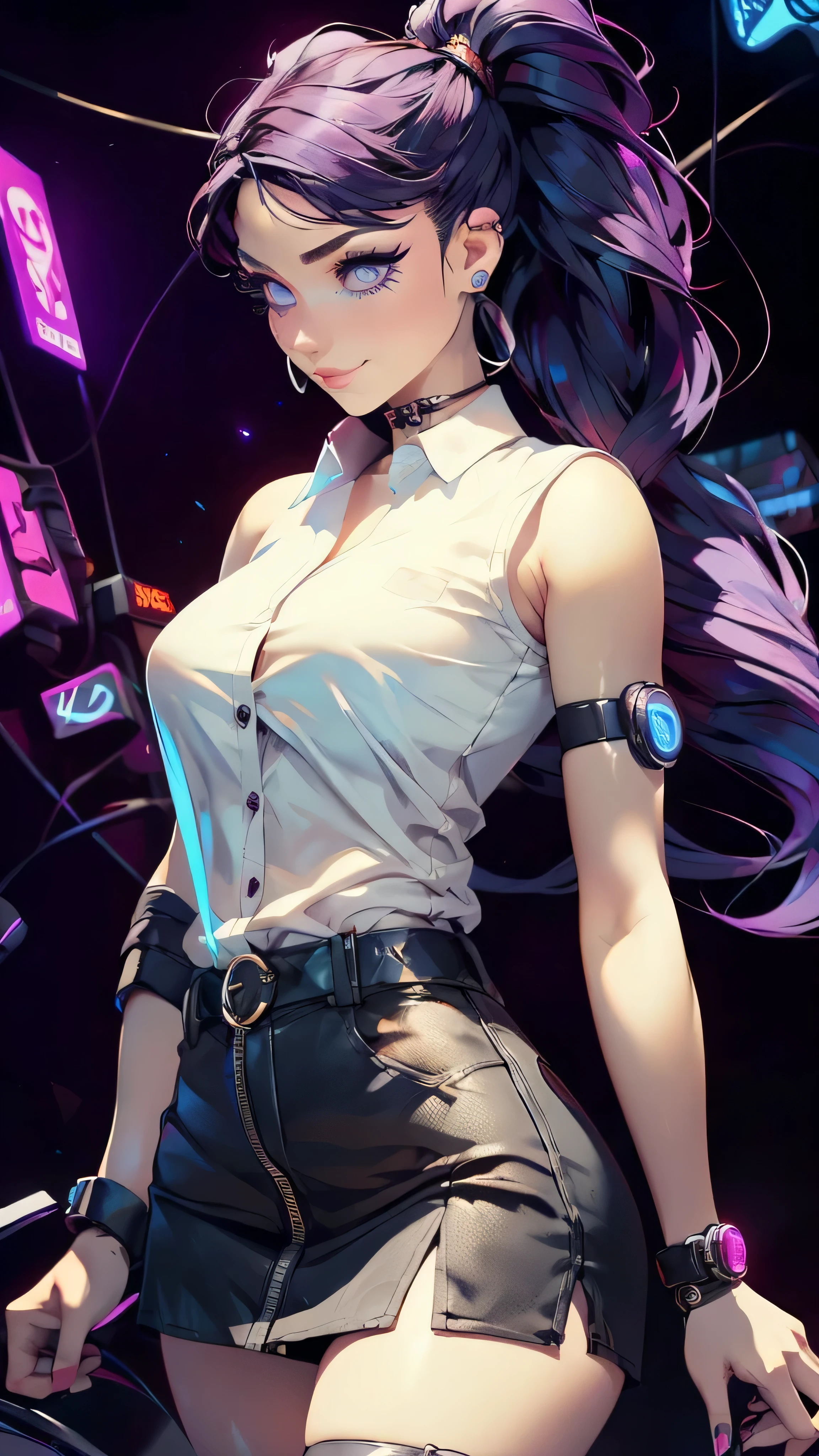 ((masterpiece, best quality)), ((1girl)), (solo), (female focus), (skinny), (gamer girl), (purple hair, very long hair), futuristic, eyeshadow, mascara, long eyelashes, large light blue eyes, light smile, goth, cyberpunk, sexy, (buttoned shirt), (button gap)), (short skirt)), standing, cyberpunk background, arms behind back, dynamic angle,