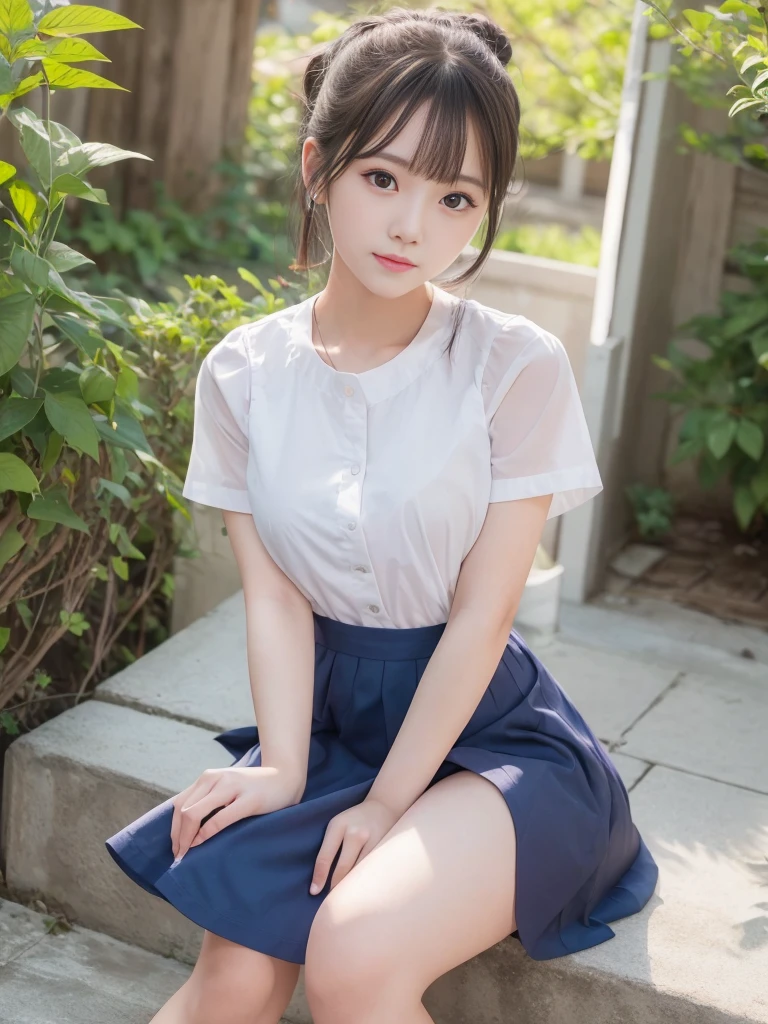 1girl with cute face and black ponytail hair, model posing, standing, wearing white shirt, pinafore length over knee, (blue uniform:1.2), wearing black shoes, white background,  (beautiful girl、delicate girl:1.3), (Eye and face details:1.0), close up of face、enlargement of face、face focus:1.0, (masterpiece、Highest image quality、Ultra-fine、definition face、8K)、smile、mustard beans、 Highest image quality、8K,85mm,Raw photo, decoration, portrait award, solo, Sumio,  gardenia, delicate girl, Upper body, idol face, slightly droopy eyes, smile, digital single lens reflex, look nature, frankness, refinement， professional lighting