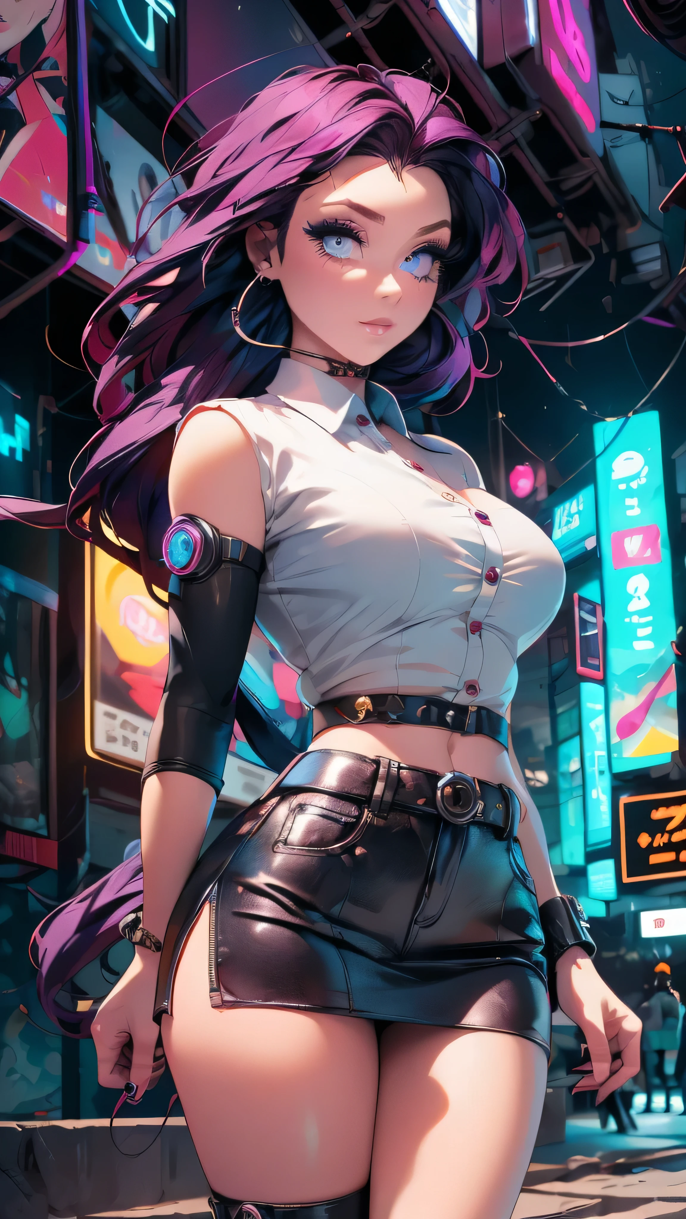 ((masterpiece, best quality)), ((1girl)), (solo), (female focus), (skinny), (goth girl), (purple hair, very long hair), futuristic, eyeshadow, mascara, long eyelashes, large light blue eyes, looking at viewer, light smile, goth, cyberpunk, sexy, (buttoned shirt), (button gap)), (short skirt)), standing, cyberpunk background, arms behind back, dynamic angle,