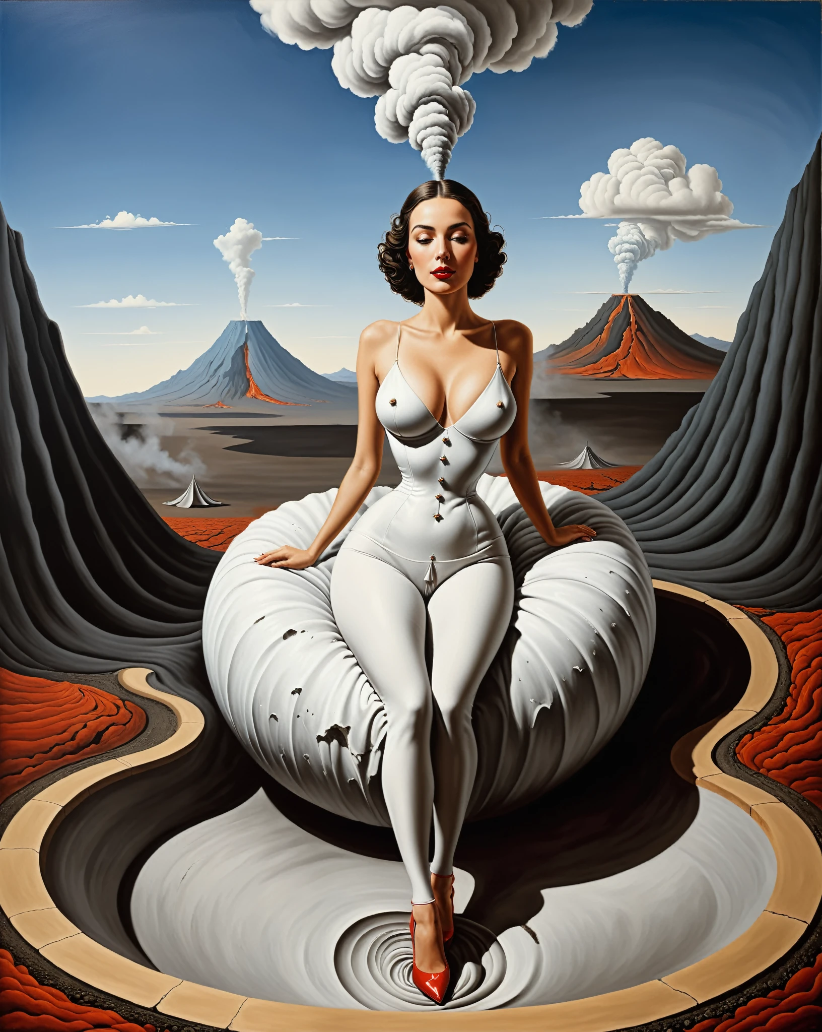 woman chilling in volcano - surrealist style, surrealist artwrok, dream like, Salvador Dali style, Rene Magritte style, highly detailed, masterpiece, painting-like, HD