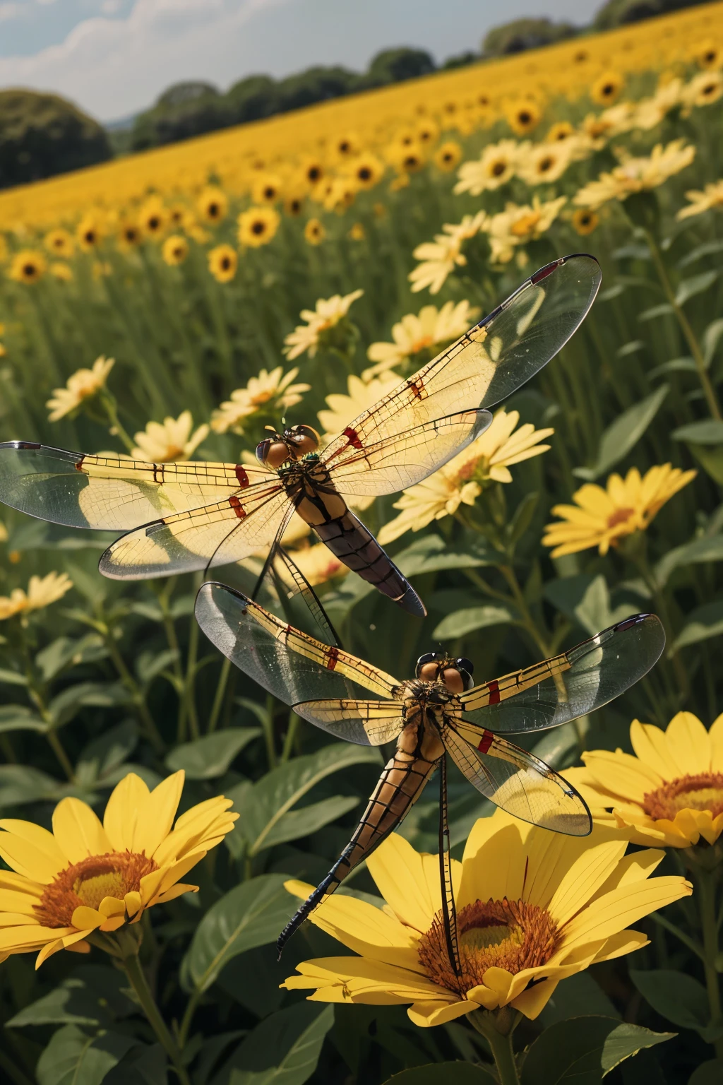 beautiful dragonflies in a field of flowers