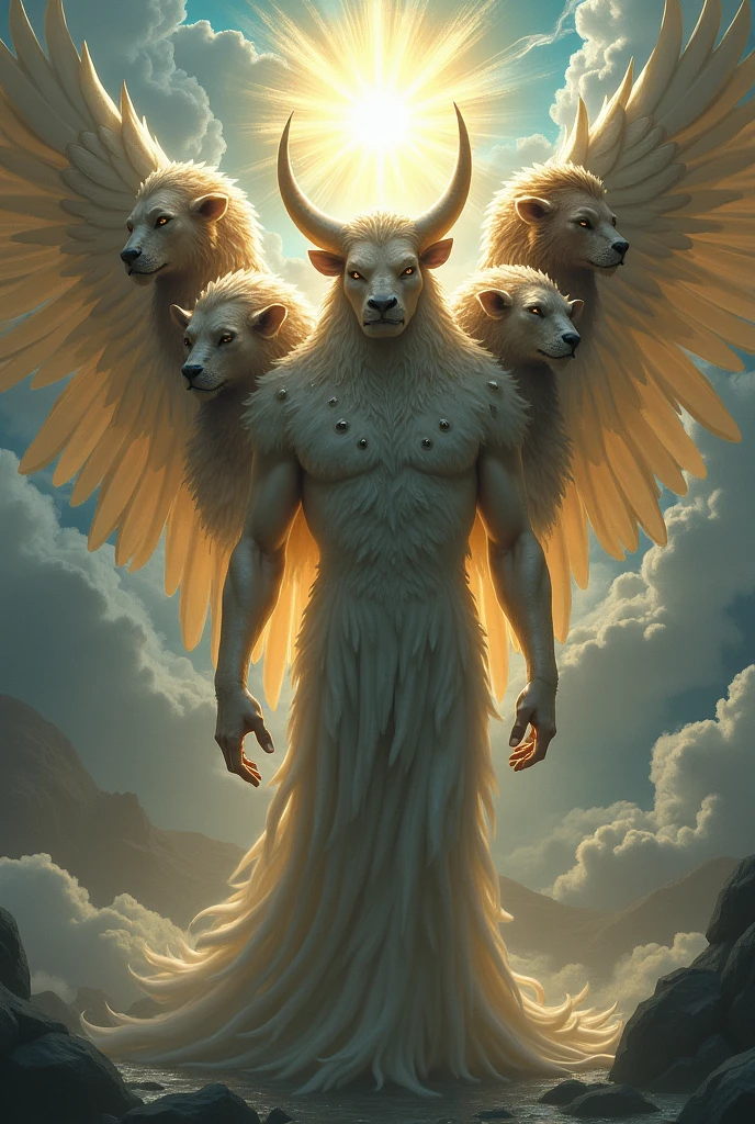 4 wings and 4 faces. The first bull face, the second of man, the third of a lion and the fourth of an eagle. Like this, They are just below God and their bodies are completely filled with eyes