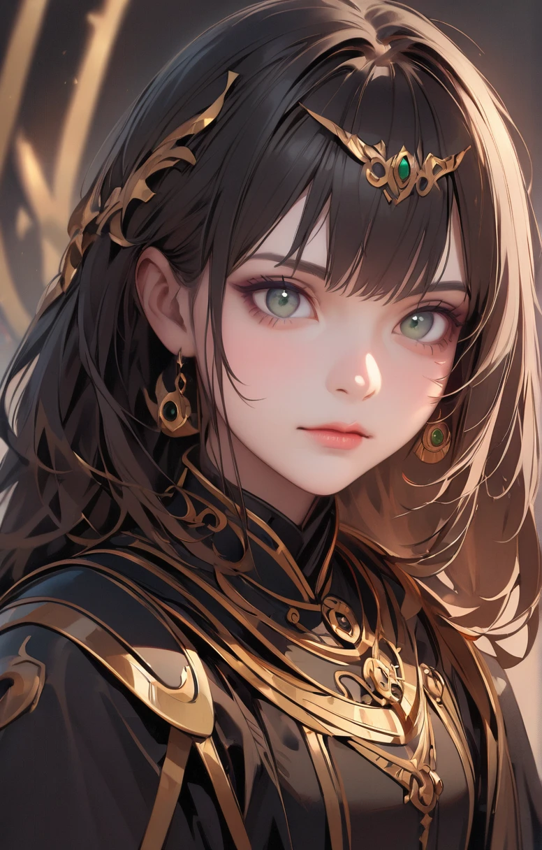 One girl， Alone， length_hair， look_in_Viewers， 前hair， green_eye， black_hair， jewelry， Closed_mouth， Artist_name， armor， lips grey_eye， head_restRealistic， gold， Hull,