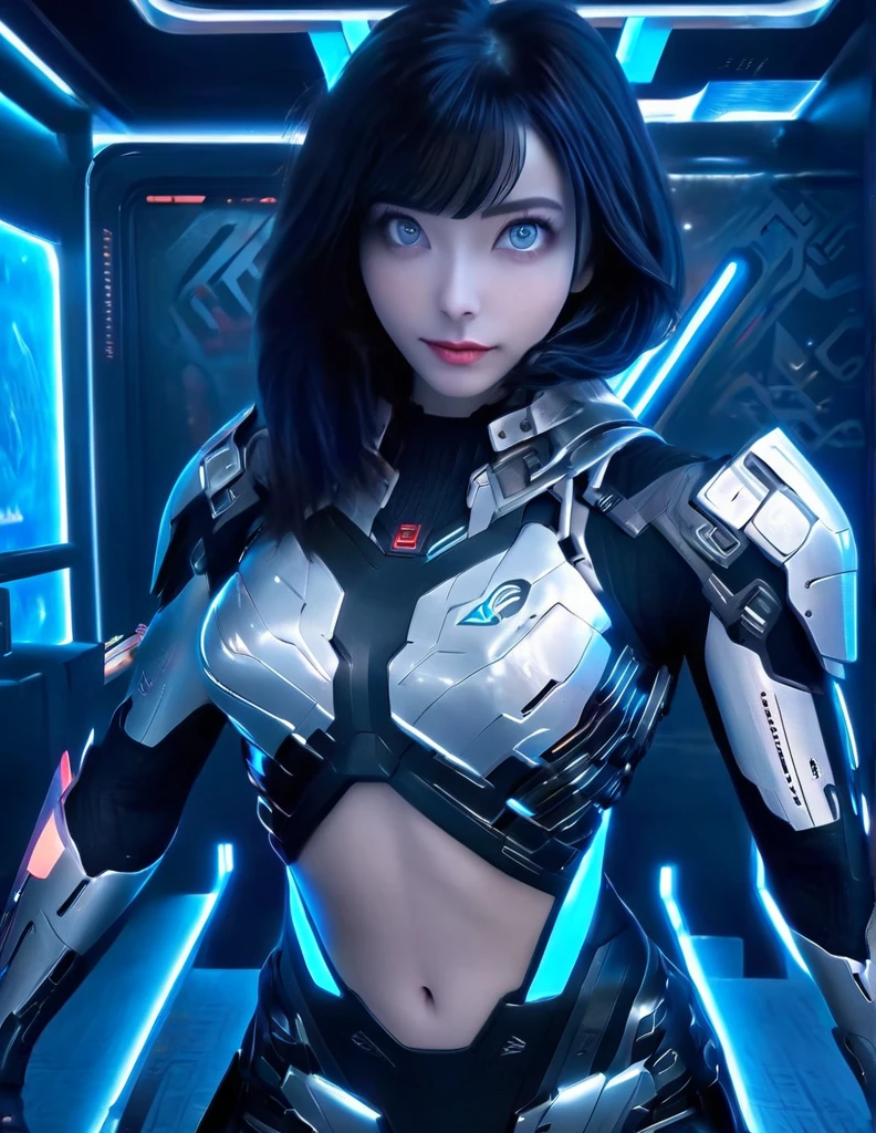 A woman wearing exoskeleton cyber armor, The armor fits snugly、((She has a plasma gun in her hand)), Full body photo, Maximum details, Superior quality through precise drawings, 8k,chest, blue eyes,  High resolution, 超High resolution, Best Quality, Shortcuts, Big chest, Cinematic Lighting Effects, Futuristic beautiful black hair woman, Shining blue eyes, Cyberpunk style woman, ((Hi-tech spaceship interior with blue light illumination)), High-quality images、Black Hair, Shortcuts, 