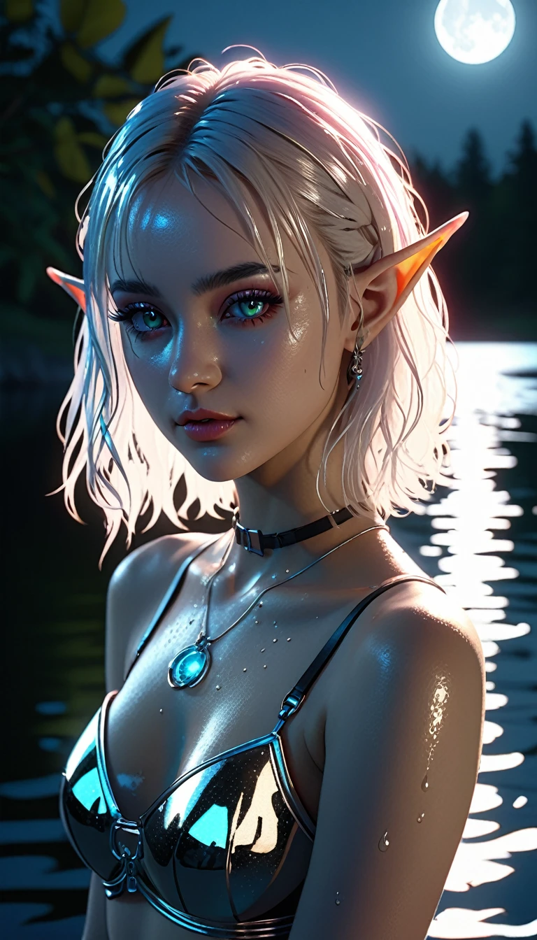 beautiful female elf，Beautiful，moonlight，lake water，wet，transparent，Real light and shadow contrast，Realistic ray tracing，True light falloff，anti-aesthetic style，Poodlepunk, cyberpunk ，Snapshot aesthetic style 