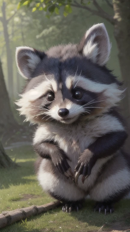 A captivating photograph of a cute extra fluffy baby realistic racoon