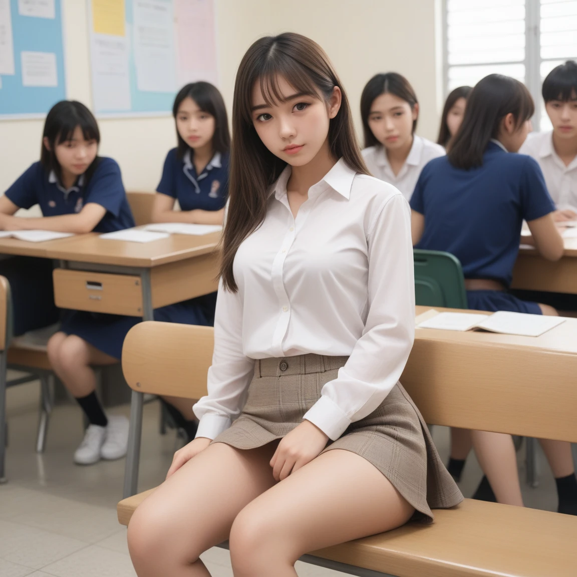 score_9, score_8_up, score_7_up, asian, 1girl, sitting in guy's lap, cowgirl position, looking at viewer, facing away, classroom, petite girl, legs wide open, abandoned, used, excessive cum on body, textured skin, sweating profusely, cute, annoyed, kawai, shoulder length hair, bangs, 18year old, wearing short skirt, skirt lifted, panties around thigh, backpack, school uniform, wearing loose shirt, sideboob,   after sex, cum dripping, cumshot on legs, cum on face, concept art, expressiveh, realistic, low light,  motion lines, people in the background, cum splash from ass, 1man, sitting in chair, sitting under girl, facing front, penis in pussy, deep penetration, girthy penis, size difference, pureerosface_v1, ng_deepnegative_v1_75t