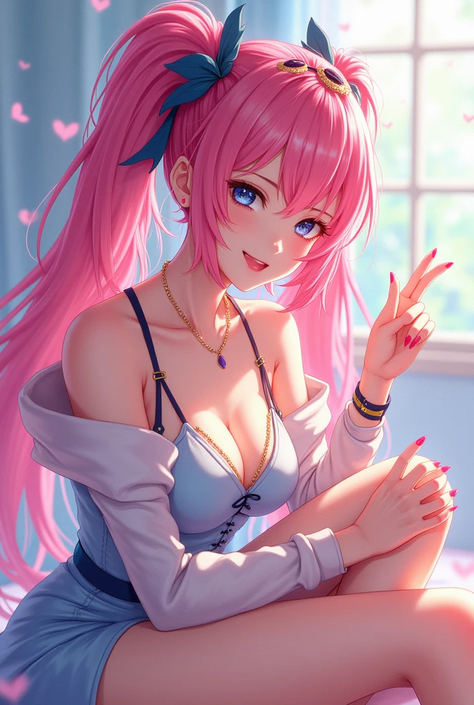 1girl (masterpiece, round_iris, extremely crisp crystalline shiny purple eyes, perfect_anatomy, extremely_captivating_hypnotic_mystic_eyes,) perfect face, long pastel pink hair, smiling evil, big breasts, pink dress with hearts, ballons, roses, hearts, valentines day, reds and pinks, dynamic pose, gamer girl, gaming room, best quality, 4k