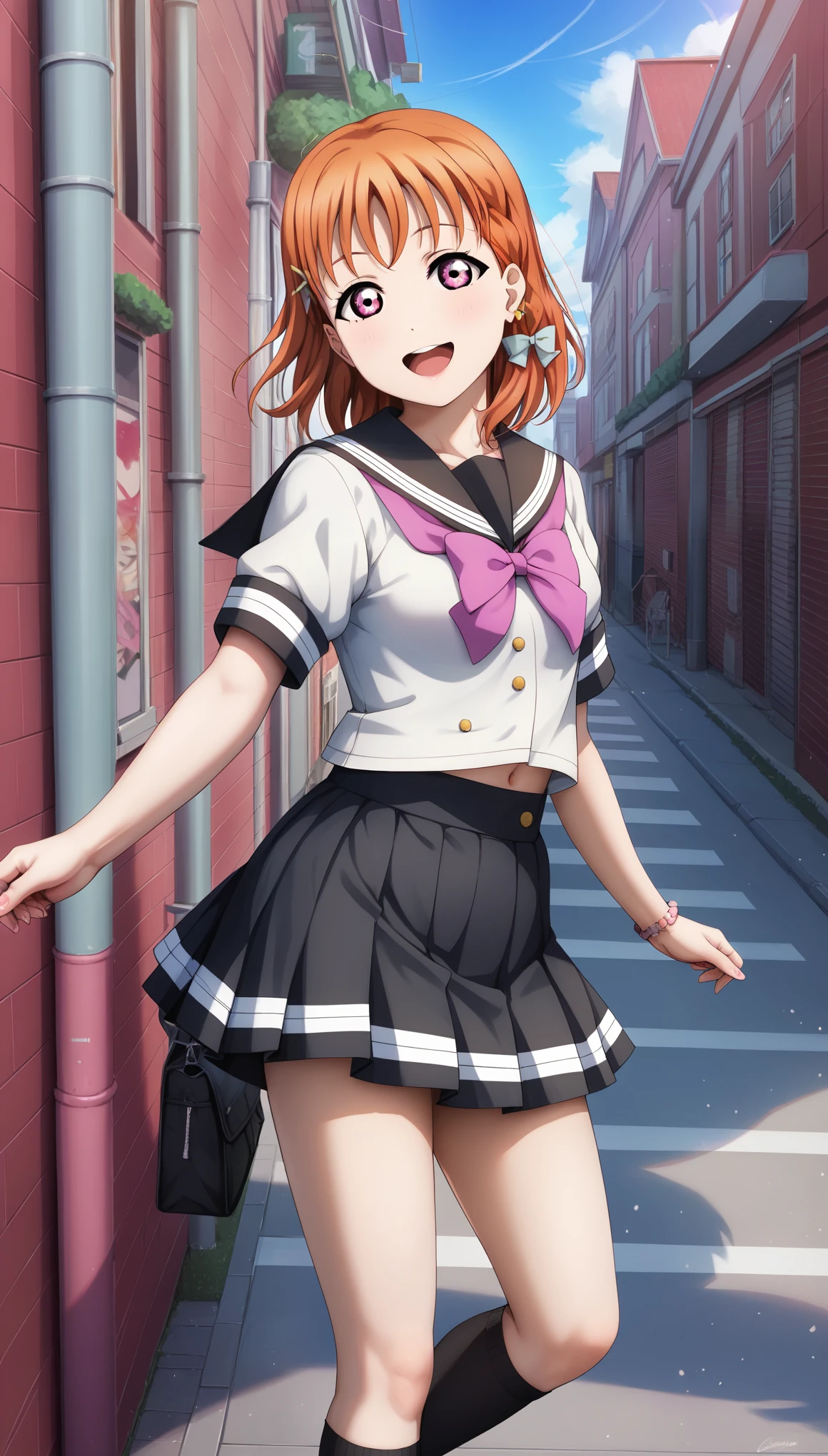 masterpiece, best quality, realistic anime style,love live art style, takami chika , orange hair, medium hair, pink eyes, side braid,  standing, flying skirt,   kneehighs , street, sailor top,gray mini skirt, tareme, open mouth, smile, looking at viewer 