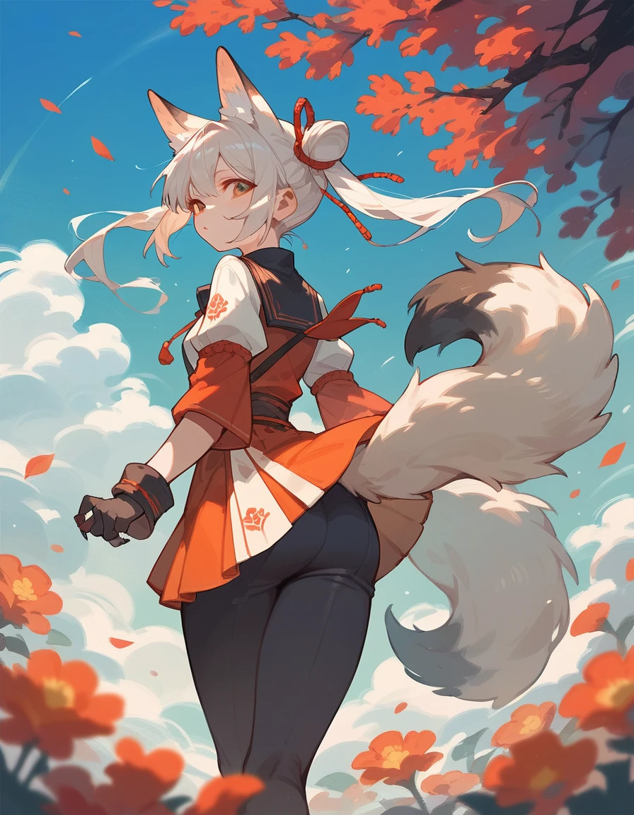 4k, Stop the cloud, solo person, foxears, brunette color hair, fox tails, Black Tail, short skirt, without wearing shoes, full bodyesbian, long leges, the detail, delicated, Landscape orientation, White-colored skin, adolable, is shy, toes, medium chest circumference, The character is in the lower left corner,