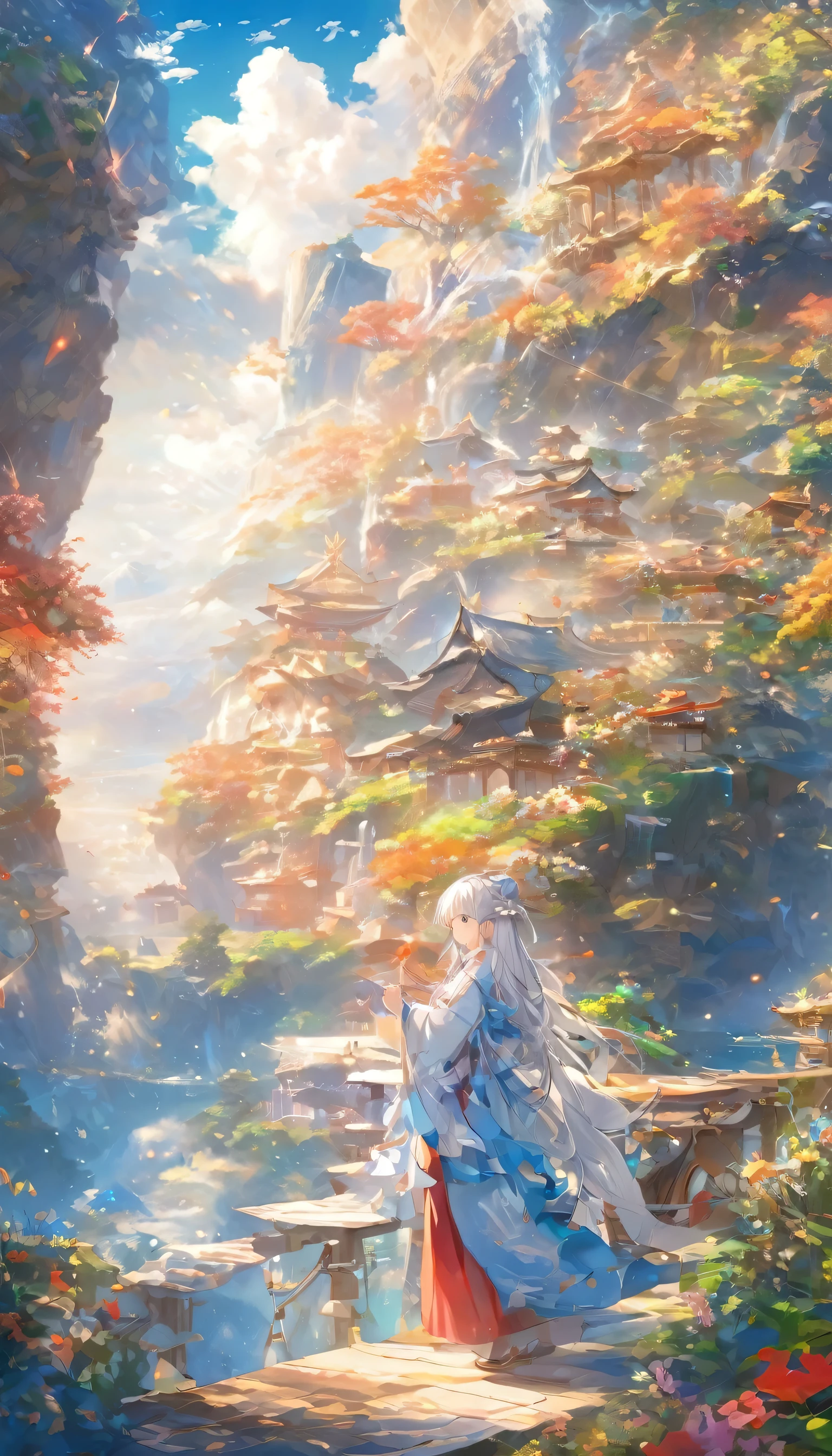 (Panorama, center, masterpiece, Best Quality: 1.2), (8k, RAW Photos, Best Quality), ((masterpiece:1.2)), Genuineistic, Ultra-high resolution, Genuine, Very detailedな, Very detailed, RAW Photos, Genuine, Long Shot, 美しいnull, High-definition CG, 8k), Silver-haired woman、null、cloud、The world is made up of heaven and earth、Fantastic scenery