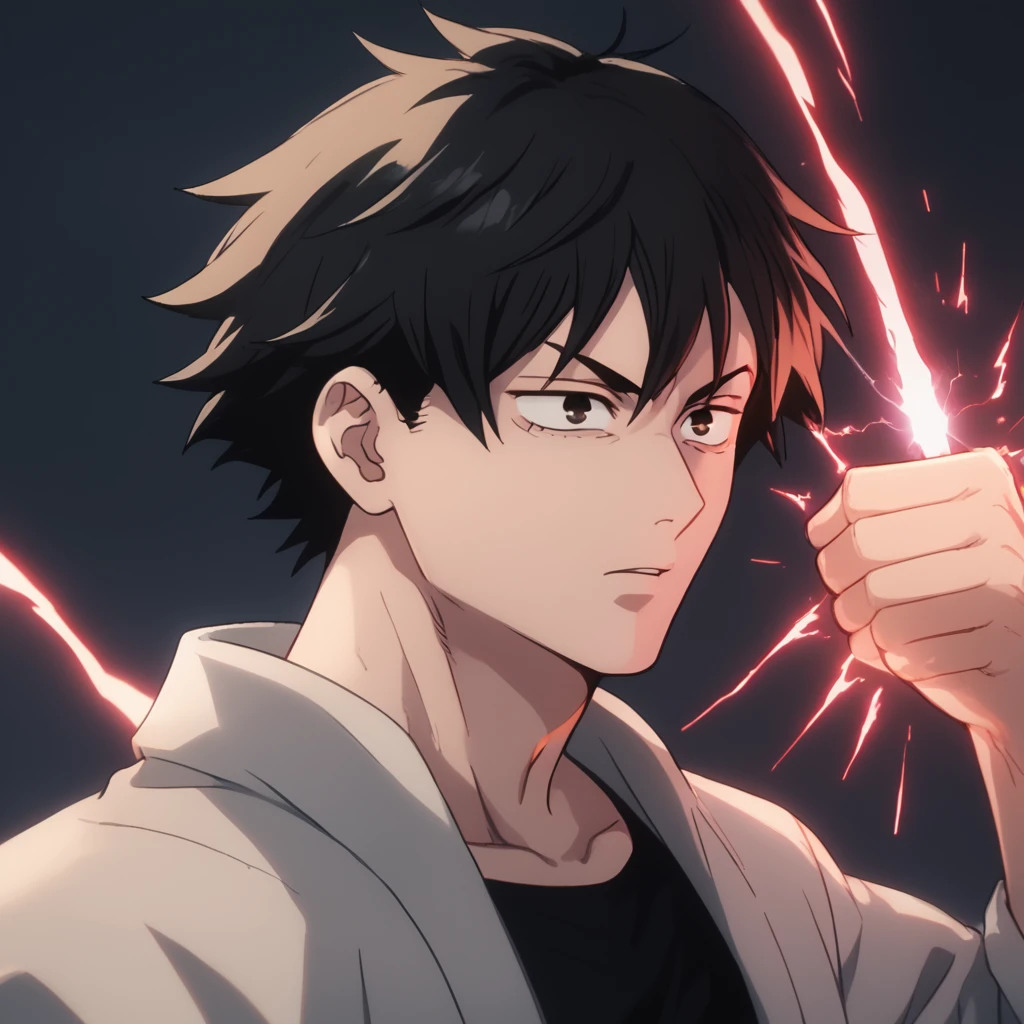 Anime character, seeing from the right, a character up to the waist, holding a black dark sphere of energy with white lightning parts like a lightning bolt illuminating around the sphere and in the middle of it, as if it were destroying the sphere and dodging, but it was just the aesthetics of power in a black background scenario, he holds it with his right hand and he was looking at it in admiration of his power, observing with superiority. Hair like Vegeta's going up and also like Sasuke's with bangs falling from the top to the chin area, Sasuke hairstyle, hair is very spike, spread upwards, sideways and downwards in the side and top, black eyes, black hair, stylish hair, black clothes mixed with Demon Slayer corp's outfit, very stylish outfit, cool outfit, going up to his wrists, being tight and closed in the beginning of the neck like Demon Slayer corp's outif, ultra professional anime art
