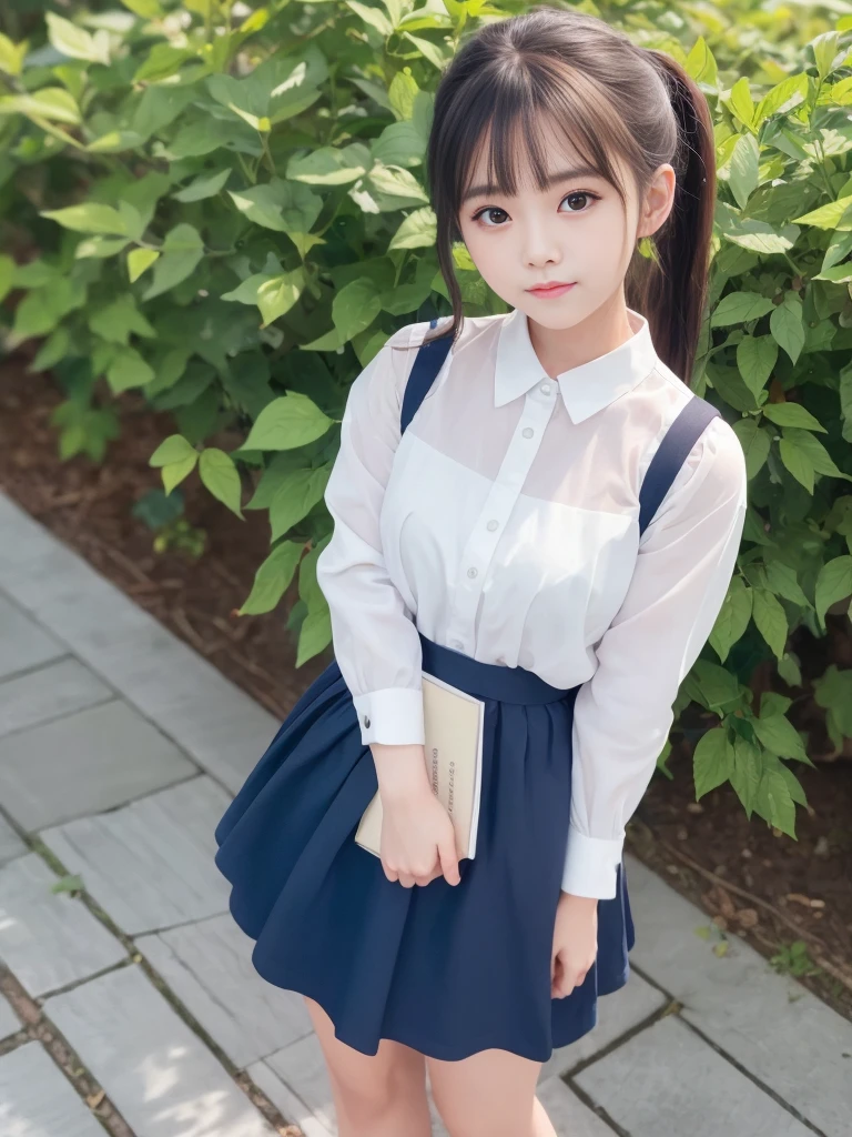 1girl with cute face and black ponytail hair, standing posing, wearing white shirt and pinafore length over knee, (dark blue uniform:1.2), wearing black shoes, white background, (beautiful girl、delicate girl:1.3), (Eye and face details:1.0), close up of face、enlargement of face、face focus:1.0, (masterpiece、Highest image quality、Ultra-fine、definition face、8K)、smile、mustard beans、 Highest image quality、8K,85mm,Raw photo, decoration, portrait award, solo, delicate girl, standing Full body, idol face, slightly droopy eyes, smile, digital single lens reflex, look nature, frankness, refinement， professional lighting