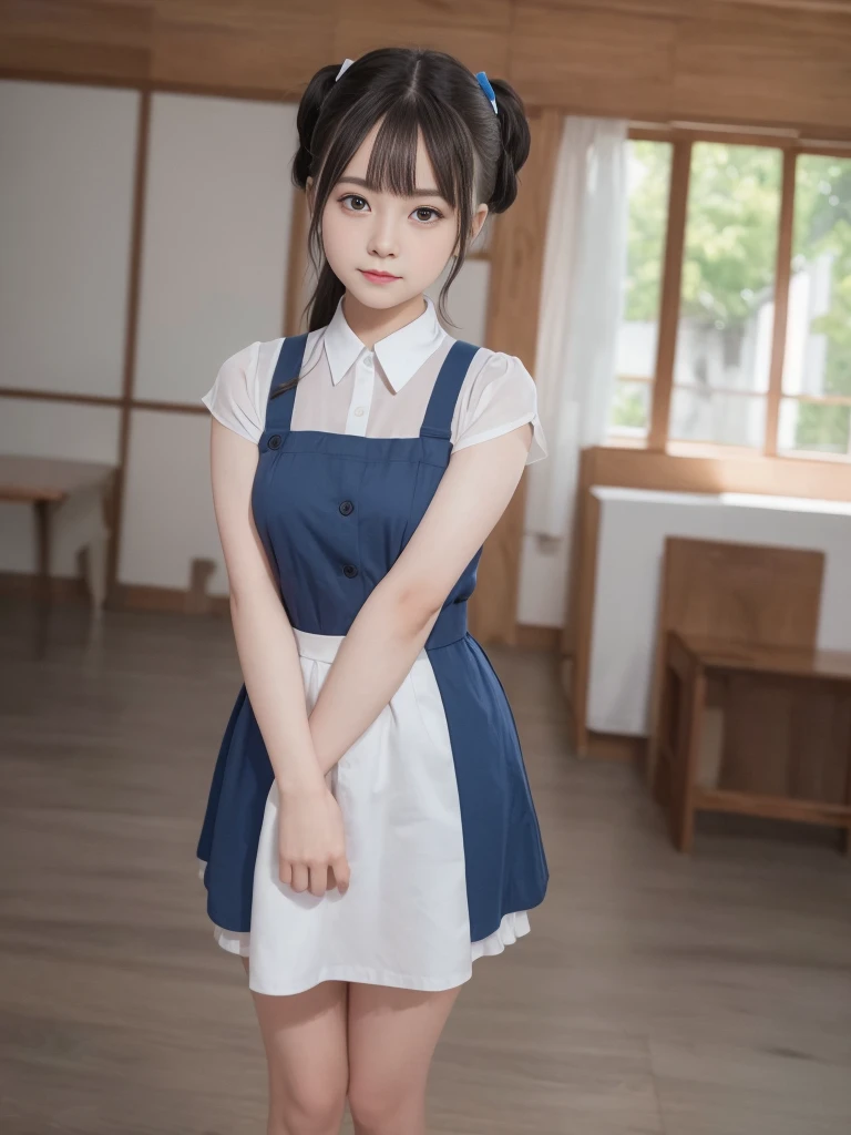 1girl with cute face and black ponytail hair, standing posing, wearing white shirt and pinafore length over knee, (dark blue uniform:1.2), wearing black shoes, white background, (beautiful girl、delicate girl:1.3), (Eye and face details:1.0), close up of face、enlargement of face、face focus:1.0, (masterpiece、Highest image quality、Ultra-fine、definition face、8K)、smile、mustard beans、 Highest image quality、8K,85mm,Raw photo, decoration, portrait award, solo, delicate girl, standing Full body, idol face, slightly droopy eyes, smile, digital single lens reflex, look nature, frankness, refinement， professional lighting