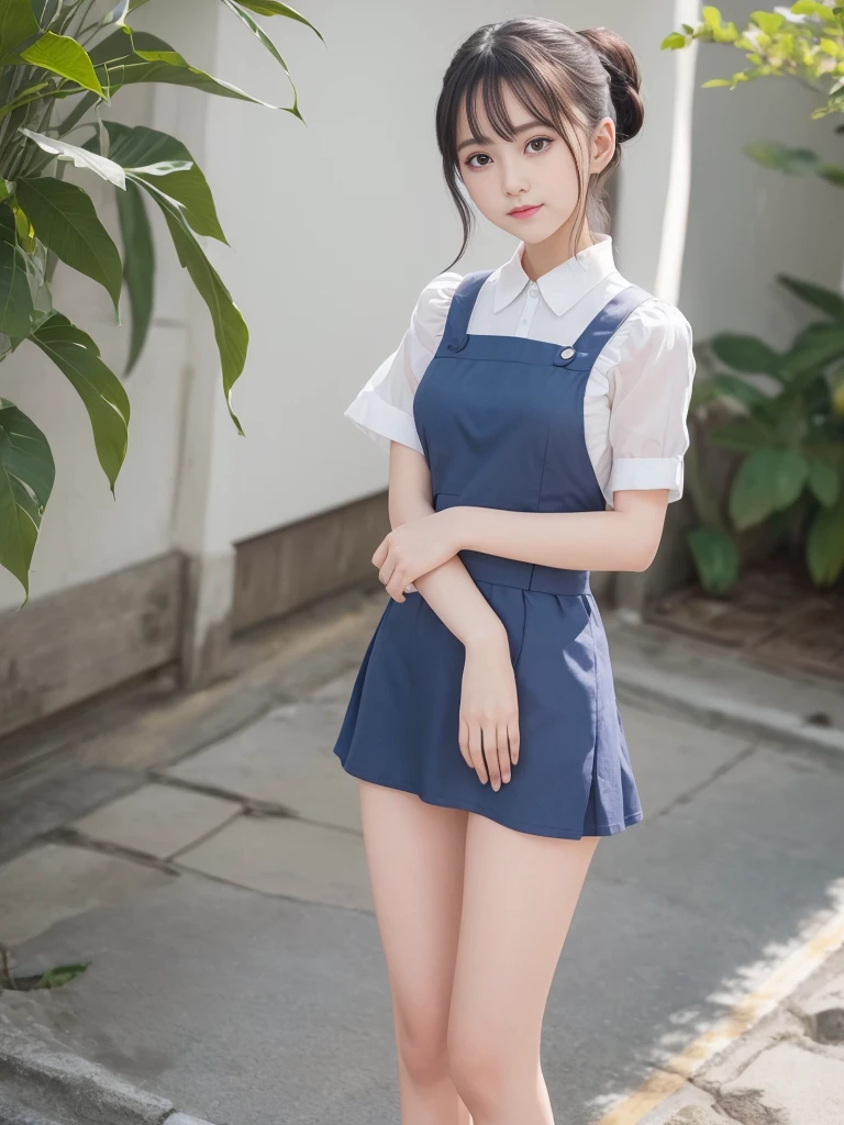 1girl with cute face and black ponytail hair, standing posing, wearing white shirt and pinafore length over knee, (dark blue uniform:1.2), wearing black shoes, white background, (beautiful girl、delicate girl:1.3), (Eye and face details:1.0), close up of face、enlargement of face、face focus:1.0, (masterpiece、Highest image quality、Ultra-fine、definition face、8K)、smile、mustard beans、 Highest image quality、8K,85mm,Raw photo, decoration, portrait award, solo, delicate girl, standing Full body, idol face, slightly droopy eyes, smile, digital single lens reflex, look nature, frankness, refinement， professional lighting