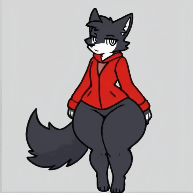 By inu-sama, by dogsmith, solo, female, standing, canine, (snout, wavy hair), smiling, looking at viewer, hands behind back, big breasts, black wolf, ((gucci glasses)), nude, nipples, vagina