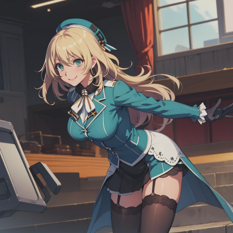 masterpiece, Best Quality, High resolution, Kantai Collection, beret, jacket, blue jacket, Long sleeve, gloves, black gloves, skirt, Knee socks, Garter Straps, Cowboy Shot, room, smile, Mouth closed, In-person audience, throw, Leaning forward, Place your arms behind your back, 視聴者を見るbreak
atagoKC, (atago) green色ユニフォーム, (green)greenユニフォーム, (green) beret,(black) gloves, (black) pantyhose, (green) High heels, (green) skirt, (black) inner skirt,
break