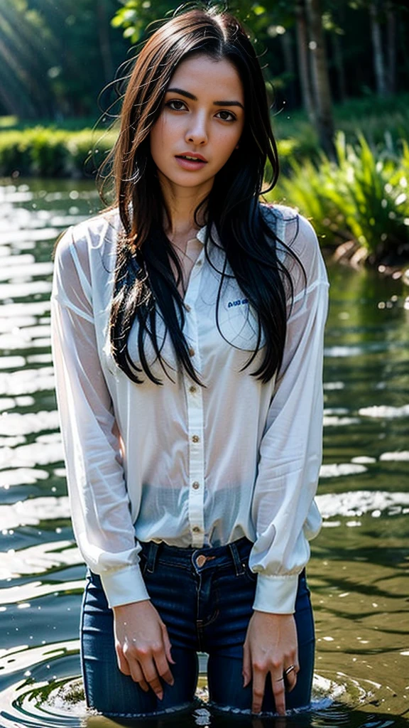a beautiful teenage girl in a wet transparent white shirt, no good, rush to the waterfall, the effects of water splashes and big waves, gambar full hd, realistic 8k
