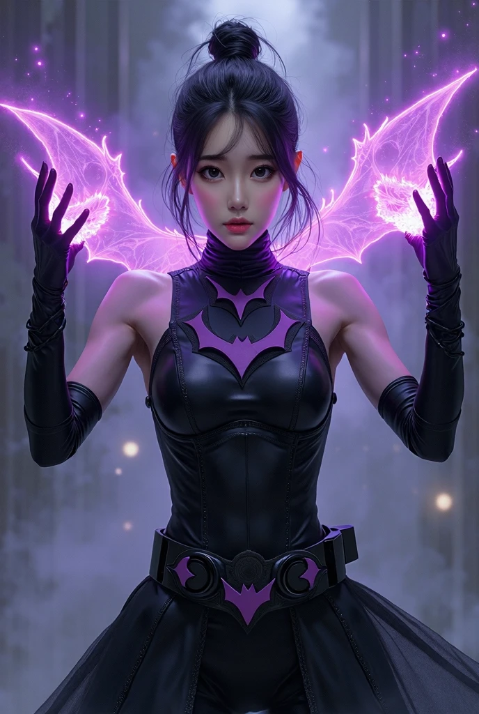 A super cute Japanese Idol woman,cute face,a shiny pretty tiara,a dark purple costume with bat wings and iconic yellow bat logo,sexy boots,she's in cosplay as Bat Girl,with a cape flowing behind her,long raven black hair,beautiful detailed eyes,beautiful detailed lips,extremely detailed eyes and face,long eyelashes,she's doing an action-packed super heroine adventure on stage,high-energy dance moves,dynamic body poses,striking fighting stances,lots of panty and butt flashes,the stage is brightly lit with colorful spotlights,fog machines creating an atmosphere,flashing neon lights in the background,breathtaking acrobatic maneuvers,electric blue and deep purple color scheme,bokeh effect to create a dreamy atmosphere,(best quality,4k,8k,highres,masterpiece:1.2), ultra-detailed, (realistic,photorealistic,photo-realistic:1.37), HDR,studio lighting,ultra-fine painting,sharp focus,extreme detail description,professional,vivid colors,concept artists.