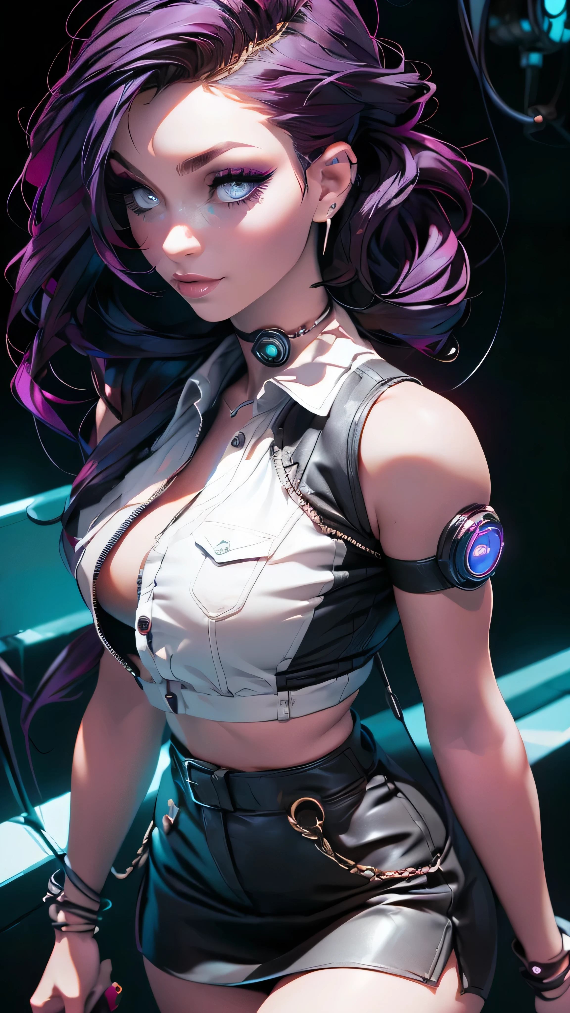 ((masterpiece, best quality)), ((1girl)), (solo), (realistic), (female focus), (skinny), (goth girl), (purple hair, very long hair), futuristic, eyeshadow, mascara, long eyelashes, large blue eyes, looking at viewer, light smile, goth, cyberpunk, sexy, (buttoned shirt), (button gap)), (short skirt)), standing, cyberpunk background, arms behind back, dynamic angle,