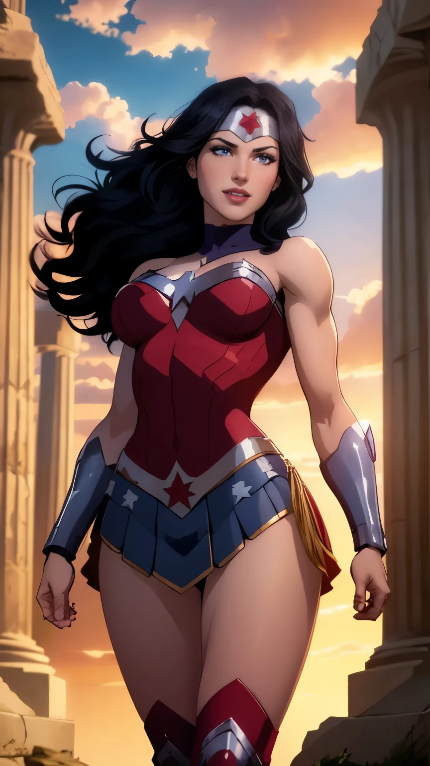 wonder woman da DC,(best qualityer,4K,8k,high resolution,work of art:1.2)(weather: cloudy), greek temple background, temple ruins, long curly hair, black hair, red top, blue micro shorts, red thigh high boots, diadem, long toga skirt, bracelets, battle stance, ultra detailed,portrait,realistic,beautiful detailed blue eyes, beautiful detailed lips,extremely detailed eye and face, long eyelashes,average,large breasts,flying hair,beaming smile, sexy smile,powerful girl, bright coloured, dramatic lighting,