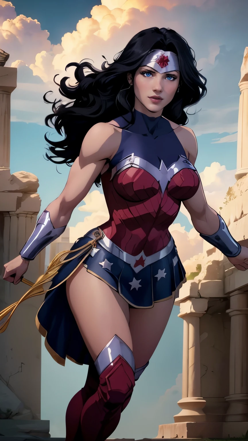 wonder woman da DC,(best qualityer,4K,8k,high resolution,work of art:1.2)(weather: cloudy), greek temple background, temple ruins, long curly hair, black hair, red top, blue micro shorts, red thigh high boots, diadem, long toga skirt, bracelets, battle stance, ultra detailed,portrait,realistic,beautiful detailed blue eyes, beautiful detailed lips,extremely detailed eye and face, long eyelashes,average,large breasts,flying hair,beaming smile, sexy smile,powerful girl, bright coloured, dramatic lighting,