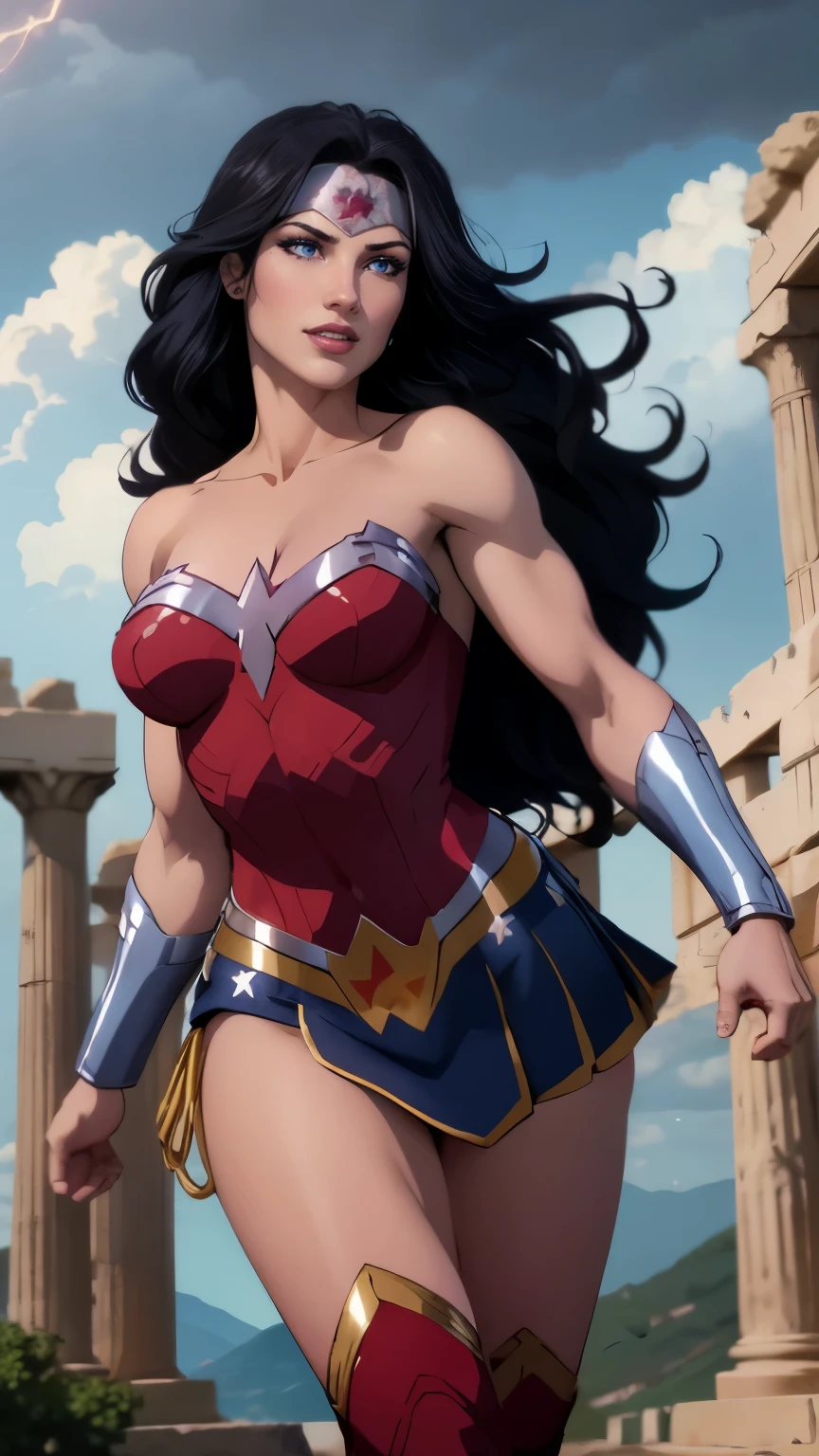 wonder woman da DC,(best qualityer,4K,8k,high resolution,work of art:1.2)(weather: cloudy), greek temple background, temple ruins, long curly hair, black hair, red top, blue micro shorts, red thigh high boots, diadem, long toga skirt, bracelets, battle stance, ultra detailed,portrait,realistic,beautiful detailed blue eyes, beautiful detailed lips,extremely detailed eye and face, long eyelashes,average,large breasts,flying hair,beaming smile, sexy smile,powerful girl, bright coloured, dramatic lighting,