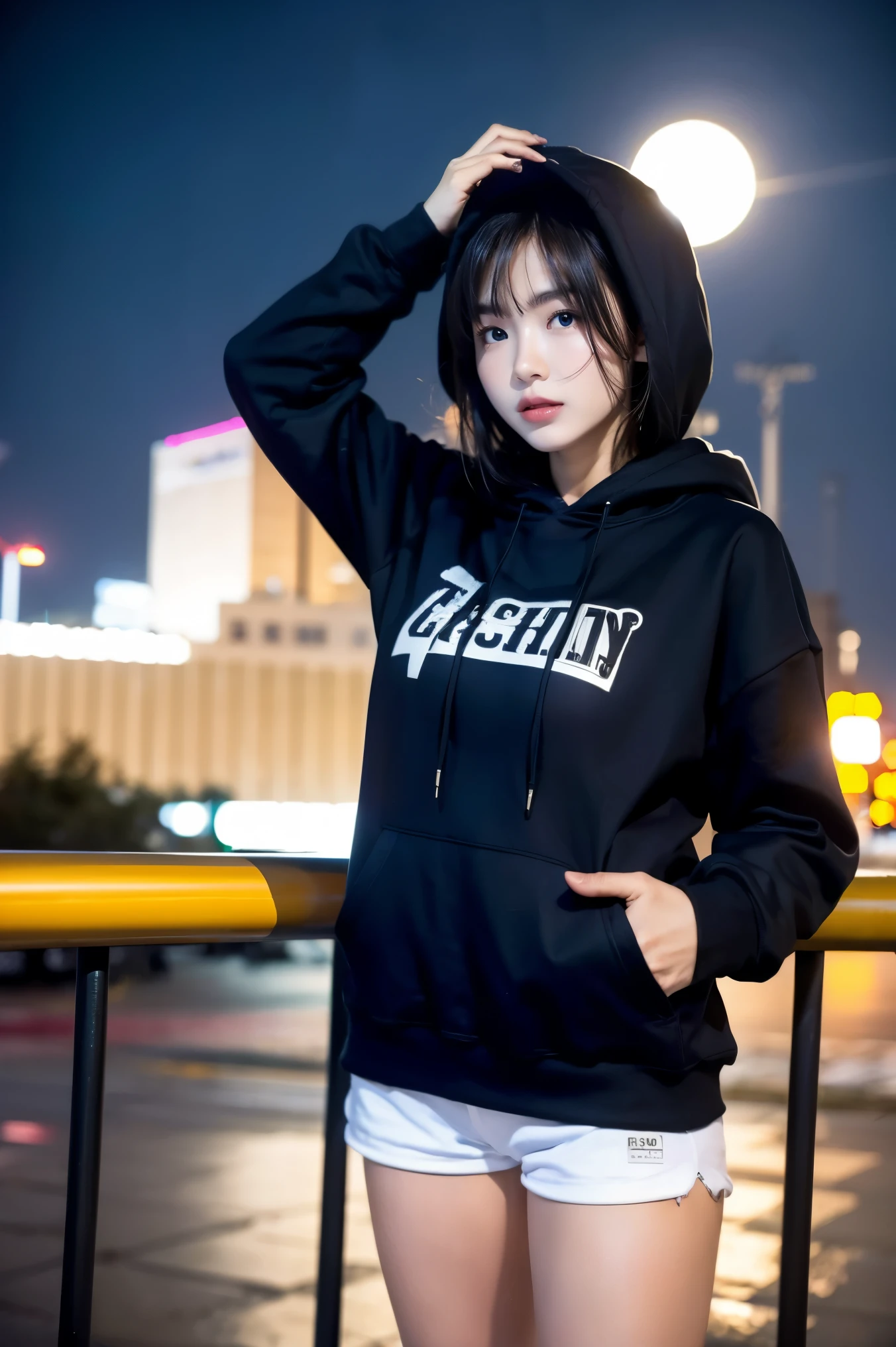 1 girl, standing in the city, night with moon in the sky, wearing black hoodie