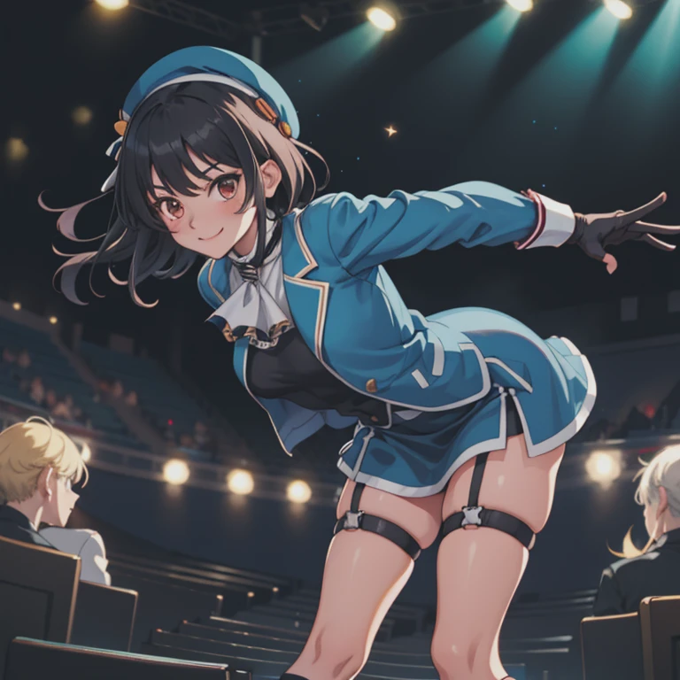 masterpiece, Best Quality, High resolution, Kantai Collection, beret, jacket, blue jacket, Long sleeve, gloves, black gloves, skirt, Knee socks, Garter Straps, Cowboy Shot, room, smile, Mouth closed, Black Hair, In-person audience, throw, Leaning forward, Place your arms behind your back, View your audience,Starry Sky,Shooting Star,neon,whole body