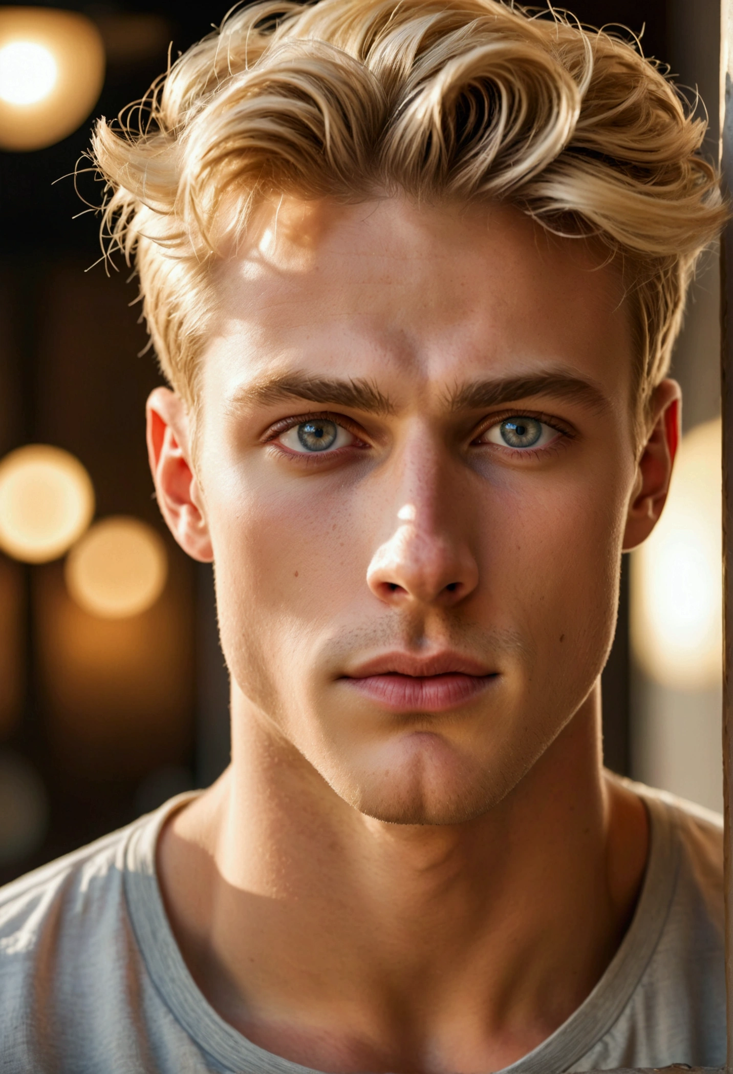 Ultra-realistic conceptual photo of a YOUNG handsome blond white man, a beautiful European man with bright grey eyes, in a shirt and (pants), a man, alone, manly, muscular, sexy, (arrogant, mocking look), male model, straight nose, symmetrical face, perfect jaw, masculine focus, big expressive eyes, RAW photo, 15K, 16K, UHD, absurd, best resolution, extremely detailed, highest quality, masterpiece, award winning, cinematic, high budget, epic realistic, photorealistic, film frame, elegant, flawless handsome face, 35mm, analog film photo, captivating, beautiful, wide depth of field, ultra sharp focus, cinematic bokeh, perfect lighting, HDR, charming glow, volumetric lighting