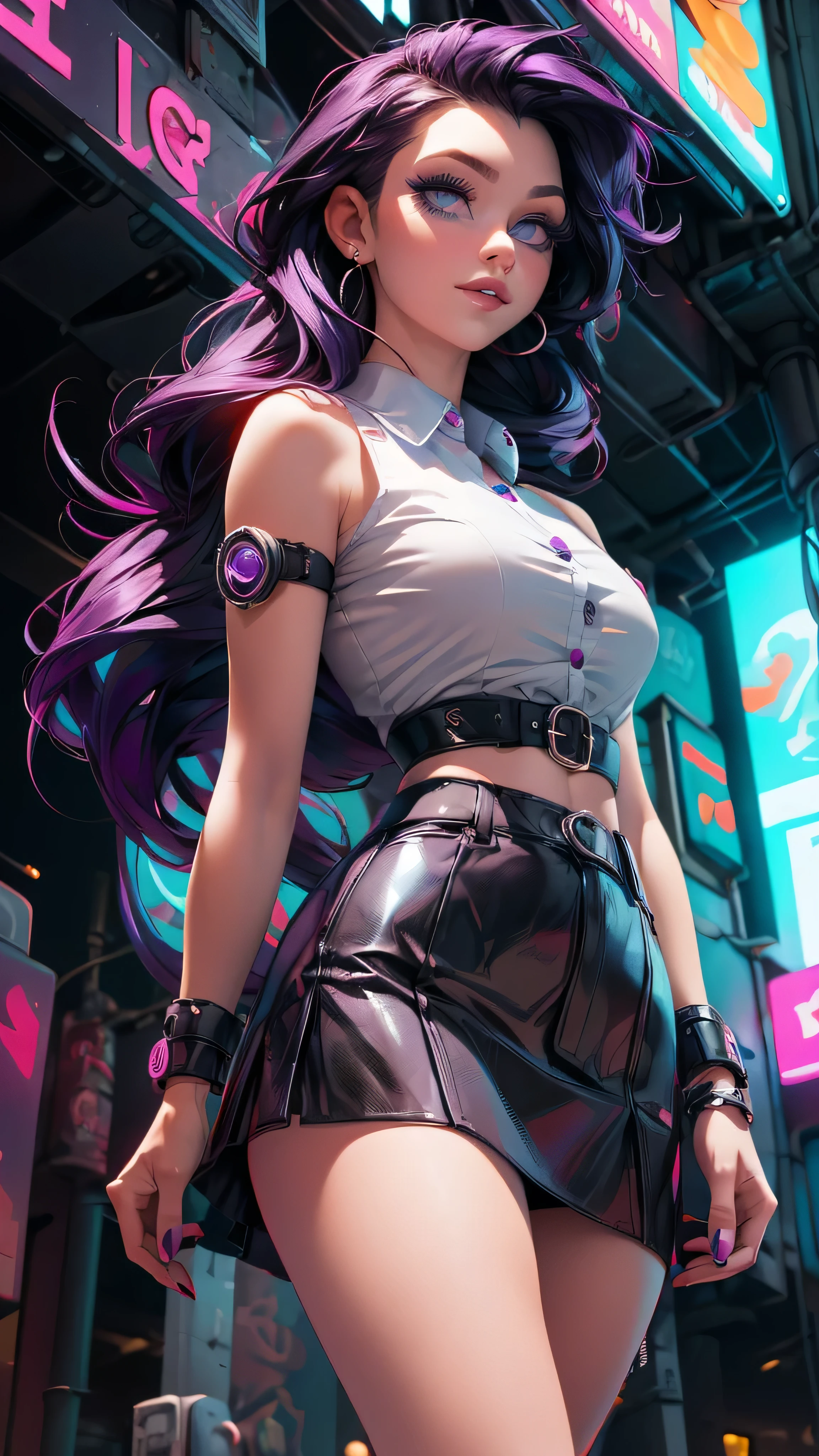 ((masterpiece, best quality)), ((1girl)), (solo), (realistic), (female focus), (skinny), (goth girl), (purple hair, very long hair), futuristic, eyeshadow, mascara, long eyelashes, large blue eyes, looking at viewer, light smile, goth, cyberpunk, sexy, (buttoned shirt), (button gap)), (short skirt)), standing, cyberpunk background, arms behind back, dynamic angle,