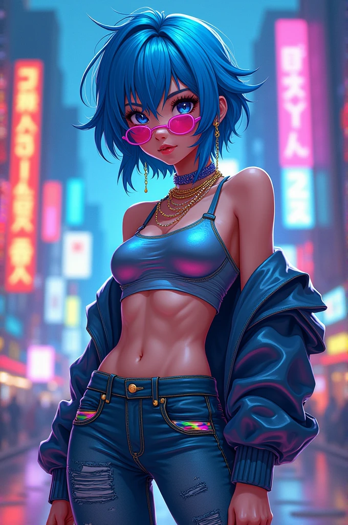 a close up of a woman with colorful hair and a necklace, anime girl with cosmic hair, rossdraws pastel vibrant, artwork in the style of guweiz, fantasy art style, colorful]”, vibrant fantasy style, rossdraws cartoon vibrant, cosmic and colorful, guweiz, colorfull digital fantasy art, stunning art style, beautiful anime style, exhibitionism,  navel, , public indecency, looking at viewer, 1girl, collarbone, flashing, , naked coat, outdoors, open coat, thighhighs, public nudity, open mouth, coat, short hair, medium breasts, black thighhighs, open clothes, black hair, solo, smile, , blush, sanpaku,