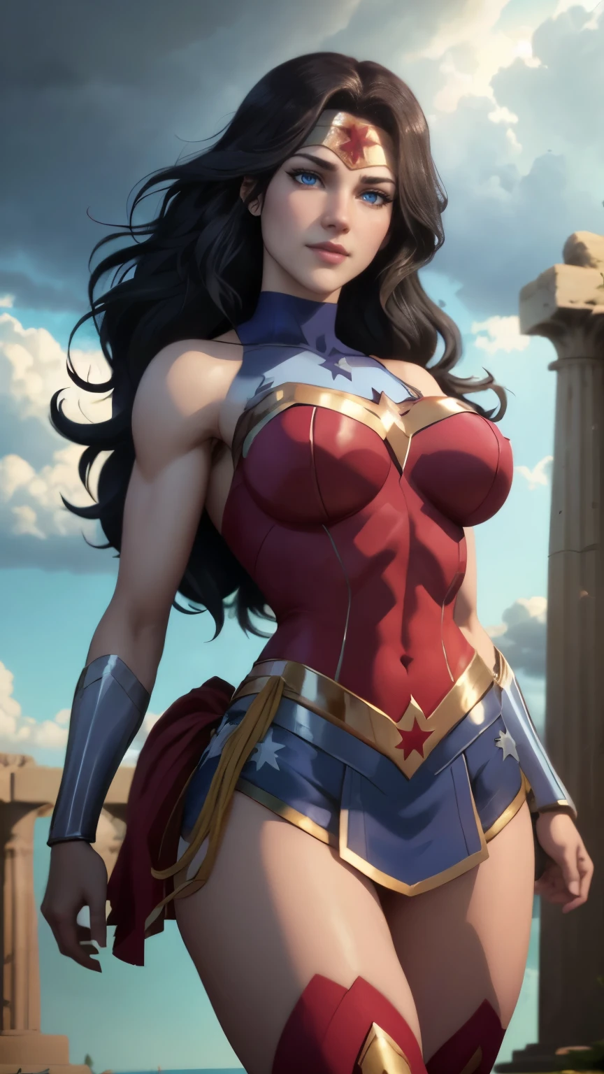 wonder woman da DC,(best qualityer,4K,8k,high resolution,work of art:1.2)(weather: cloudy), greek temple background, temple ruins, long curly hair, black hair, red top, blue micro shorts, red thigh high boots, diadem, long toga skirt, bracelets, combat pose, ultra detailed,portrait,realistic,beautiful detailed blue eyes, beautiful detailed lips,extremely detailed eye and face, long eyelashes,average,large breasts,flying hair,beaming smile, cute smile,powerful girl, bright coloured, dramatic lighting,