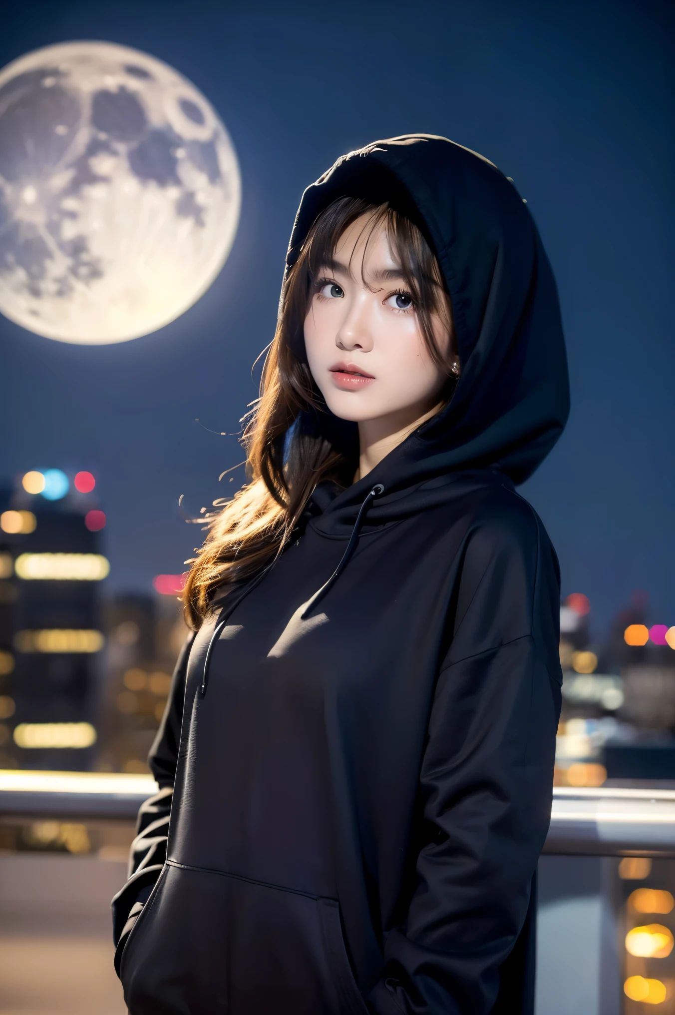 1 girl, standing in the city, night with moon in the sky, wearing black hoodie, veil