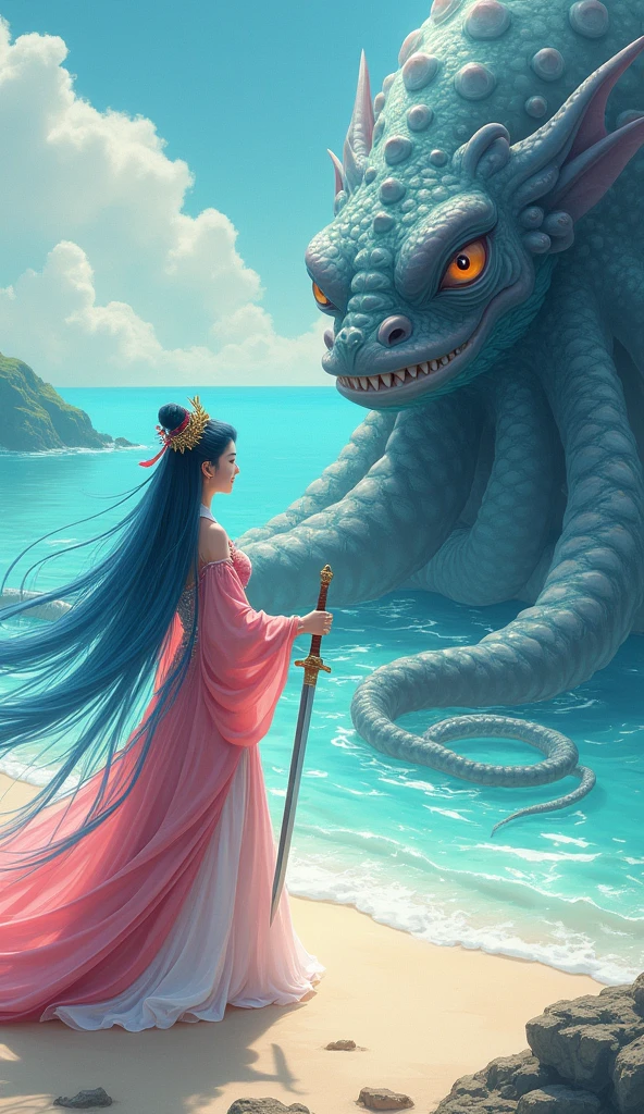 chinesedragon,the ocean,God girl,lighthouse, Art Nouveau style illustration, Detailed sky, chinapunk, Explanatory narrative, solarizing master, quito school, Visual poetry