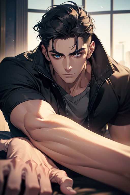 ARM DELINEADED, man, abs, male, male face, attractive, thin, ((1man)), masterpiece, sitting, cool pose, steampunk clothes, absurd details, best quality, intricate details, (shiny skin, shiny body, bright skin,, bright hair, pale skin tone), old castle, sunset, attractive, adult, one, don't look at the sight, don't look at the view, don't look at the view, short black hair, perfect detailed face, perfect detailed hands, blue eyes, ((MLS)), medium large outbreak