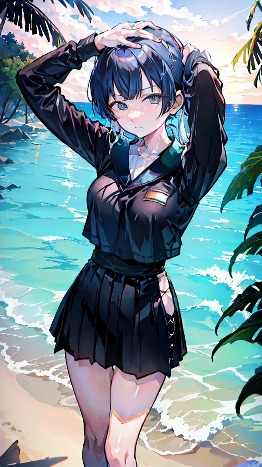 ,ultra high quality,masterpiece,(((uniform,hands_on_head))), mayuzumi_fuyuko/(idol_m@ster),(((swimming in the water around the beach))),BREAK,(((black_twintail_hair,matur_adult)))