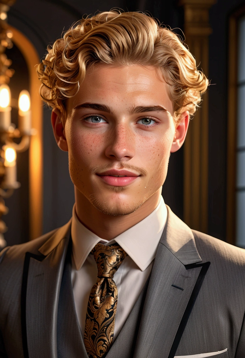 Beautiful young man with short golden blonde hair, bright, intense grey eyes, detailed face with shaved beard, blushing cheeks, rostro extremadamente realistic y detallado, freckles on her cheeks, He has a big charming smile on his face, elegant man with elegant pose, He is dressed in an elegant suit, at the back of an office, cinematic lighting, dramatic lighting, soft lighting, baroque style, Romantic, decorated, intricate details, masterpiece, (best quality, 4k, 8K, High resolution, masterpiece: 1.2),  ultra detailed, (realistic, fotorrealistic, fotorrealistic: 1.37), vibrant colors, Dark tones, warm lighting