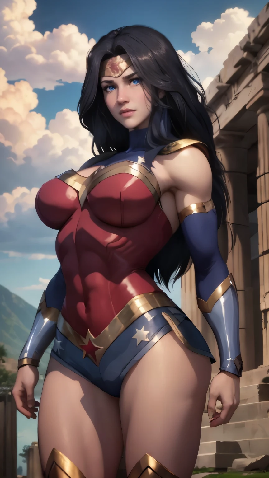 wonder woman da DC,(best qualityer,4K,8k,high resolution,work of art:1.2)(weather: cloudy)(pose: flexing), greek temple background, temple ruins, long curly hair, black hair, red top, blue micro shorts, red thigh high boots, diadem, long toga skirt, bracelets, ultra detailed,portrait,realistic,beautiful detailed blue eyes, beautiful detailed lips,extremely detailed eye and face, long eyelashes,average,large breasts,flying hair,beaming smile, sexy smile,powerful girl, bright coloured, dramatic lighting,