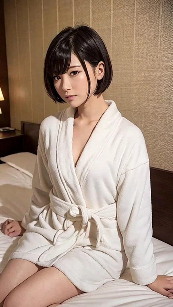 short hair,後ろ姿,sexy, bed,hotel , bathrobe