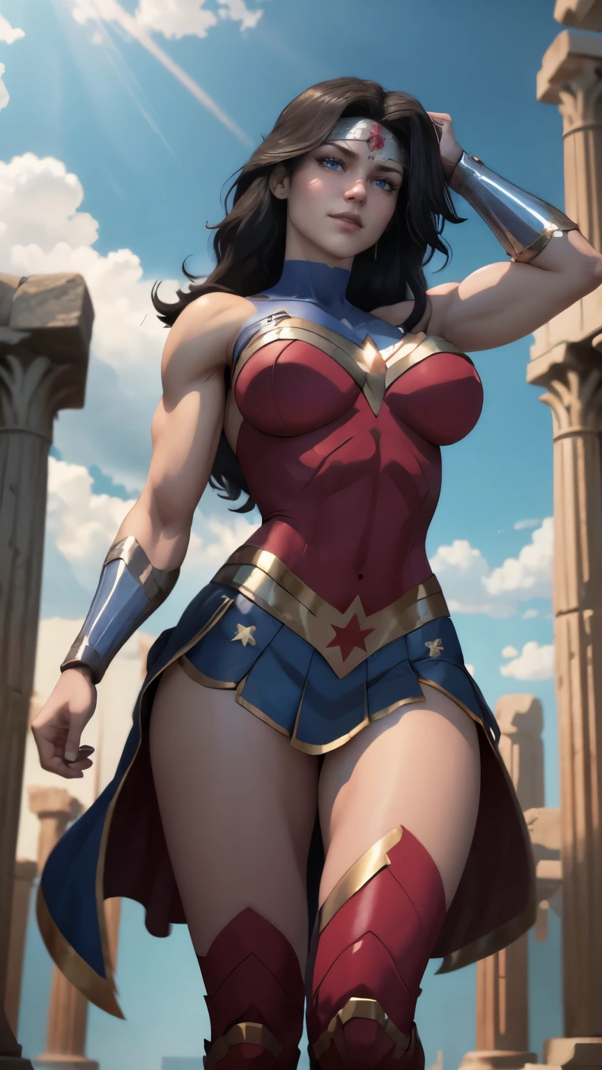 wonder woman da DC,(best qualityer,4K,8k,high resolution,work of art:1.2)(weather: cloudy)(pose: flexing), greek temple background, temple ruins, long curly hair, black hair, red top, blue micro shorts, red thigh high boots, diadem, long toga skirt, bracelets, ultra detailed,portrait,realistic,beautiful detailed blue eyes, beautiful detailed lips,extremely detailed eye and face, long eyelashes,average,large breasts,flying hair,beaming smile, sexy smile,powerful girl, bright coloured, dramatic lighting,