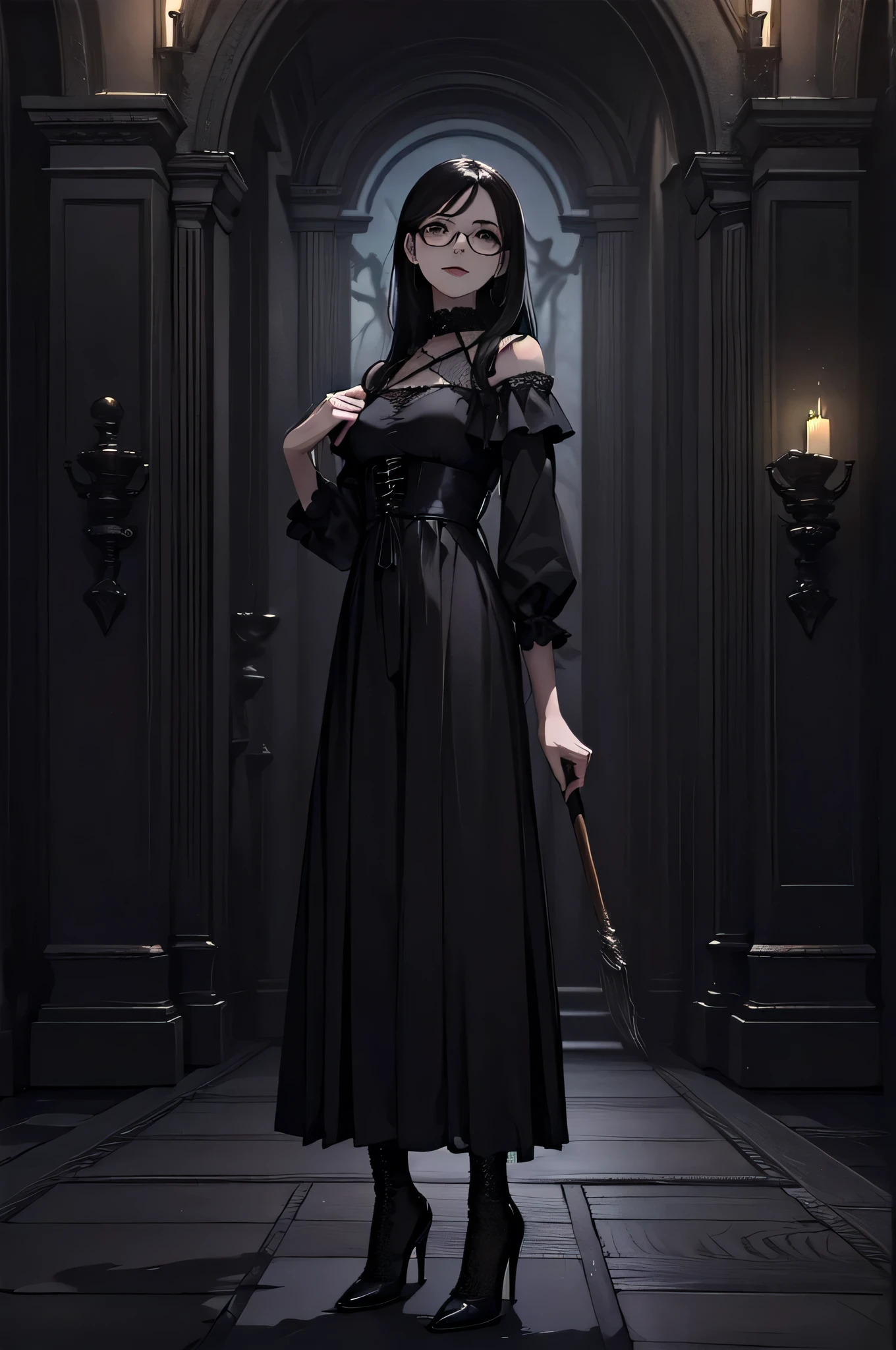 beautiful girl、cute、baby face、smile、Glasses、Long skirt、Black pumps、Magic Broom、witch、beautiful girl、(Best Quality,4K,High resolution,Masterpiece 1.2),Very detailed,Real 1.37,Spooky altar background,Dark fantasy,Black color scheme,Ominous atmosphere,Eye-catching,Storytelling,anatomy,Anime Style,Concept Art,Inappropriate behavior,Scythe Face,beautiful, Delicate facial features, pale Skin, Dark Background、Dark Background, Cinema Lighting, Dramatic Shadows, Gothic, Gloomy atmosphere, Dark fantasy, One person&#39;S, Red cheeks, ,(Blood splatter 1.3),Scary smile, smile,TwiSted smile、Bloody,(Blood splatter 1.3),skull,Horror Style, ((Fantasy Sweet Ta Frill Black Costume)), ((Flowing Black Hair)), Female Curves, Sexy flat stomach, Perfect hands, Perfect anime character face, (Black Dress)), Standing, ((Evil smile)), ,(Dark fantasy1.3), Steam circulation, Moonlight Illumination, night lighting, (Blood splatter 1.3),Anime Angel Design, Gothicarchitecture、architecture、Western architecture、Fantasy World、,Victorian city, Skeleton Gas Light,Absurd, High resolution、 ((Tabletop)), ((Best Quality)), (Very detailedな), ((Very detailed)), (beautiful), ((cute)), One personで,(1.6)、beautiful face、Full Body Ezbian、pale, beautiful肌、Big Breasts、beautiful black hair、Long Hair、Smiling Kindly、Dark building ruins、(snow white&#39;Frill dress 1.3)、(The dark ruins are Bloody 1.3)、Low angle full body shot、(Glasses 1.2)、(Creepy 1.3)、(The girl lost a lot of blood............1.3)、(crazy smile1.6)、(Blood dripping from the mouth 1.3)、（Glasses 1.5）、Wearing Glasses、Droopy eyes、Glasses、Gothic Dress、bangs, Long Hair, Black Hair、Dark fantasy background