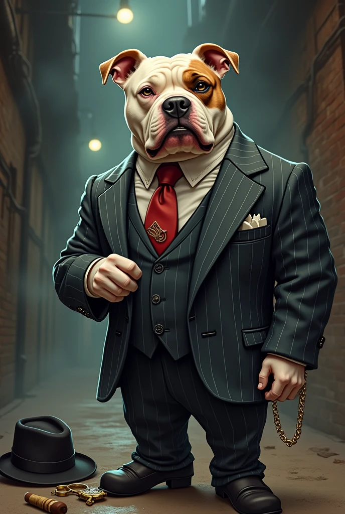 pitbull with king crown smoking cigar in gangster outfit holding gun