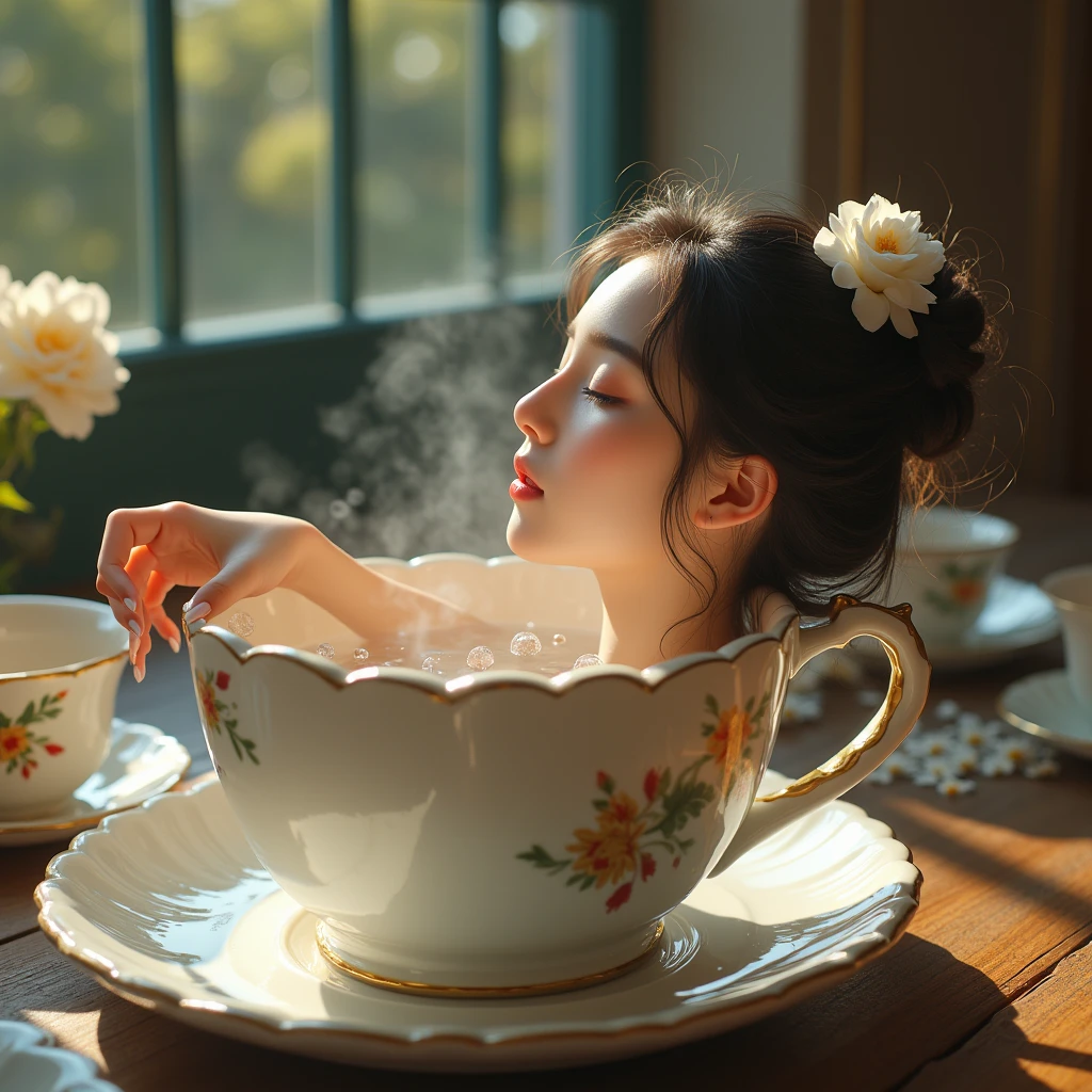 Photo 3d uhd hyper detailed ultra realistic representation oil paint, an elf hugging a steaming coffee cup, her head is on the edge of the cup, the elf is wearing a blue dress, transparent wings, background dark, coffee beans and flowers are lying on the floor