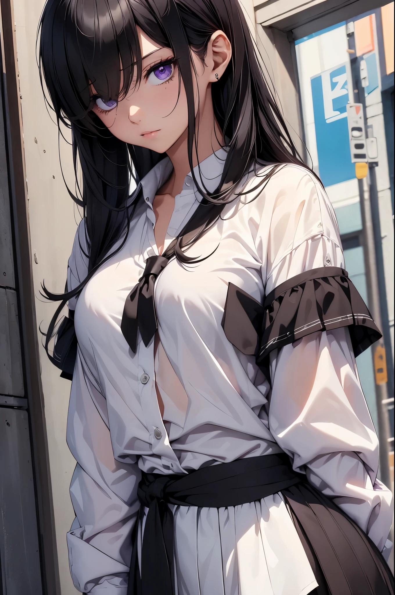 garota sensual, muito bontita, cabelo preto, olhos encantadores, olhos detalhado, sorriso encantador, olhar sensual, olhos vermelhos, ((fundo escola)) escola no fundo, escola com janelas e corretor, fundo escola