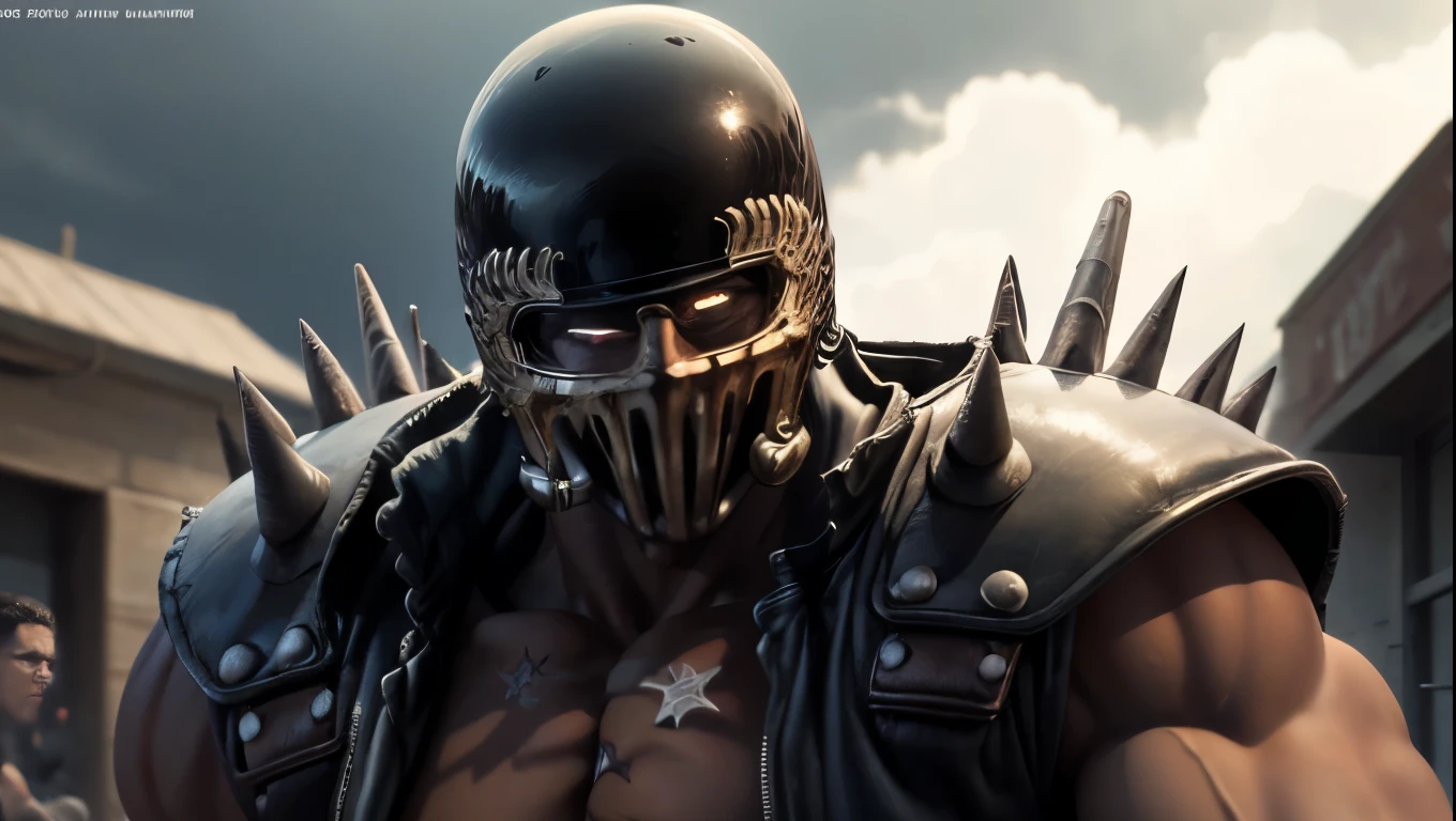 Jagi from Fist of the North Star(:1.5)、helmet、Glaring at me、Ride a bike with wide tires、Ape Hanger Harley Davidson, Simple bike、Bad Guy Style Bike、 chrome オートバイ parts, thunder, cool,handle、 With large chrome tube, 2 0 1 1, 2011, 2010, 2 0 1 0, High image quality, cool見た目, Crisp, smooth lines, Perfect detail、Glowing eyes、