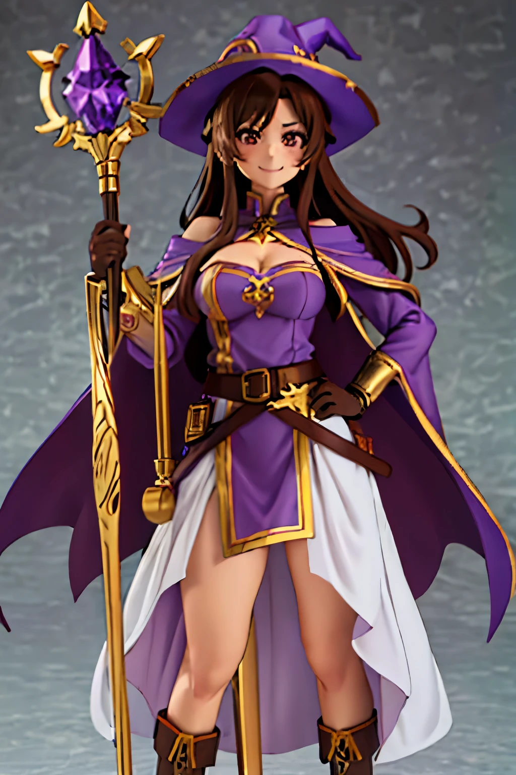 woman, long hair, brown hair, brown eyes, smiling, Mage purple hat(with golden details), strapless dress, cleavage, mage purple dress(with golden details), long cape, long purple socks, Zettai ryōiki ,purple gloves, belt, busty, wide hips, large thighs, anime style, purple boots((with golden details)), holding golden staff