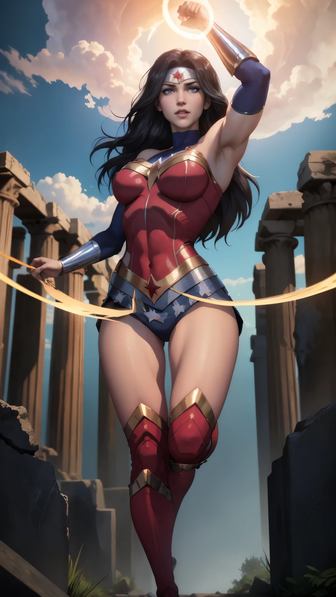 wonder woman da DC,(best qualityer,4K,8k,high resolution,work of art:1.2)(weather: cloudy)(pose: stretching), greek temple background, temple ruins, long curly hair, black hair, red top, blue micro shorts, red thigh high boots, diadem, long toga skirt, bracelets, ultra detailed,portrait,realistic,beautiful detailed blue eyes, beautiful detailed lips,extremely detailed eye and face, long eyelashes,average,large breasts,flying hair,beaming smile, sexy smile,powerful girl, bright coloured, dramatic lighting,