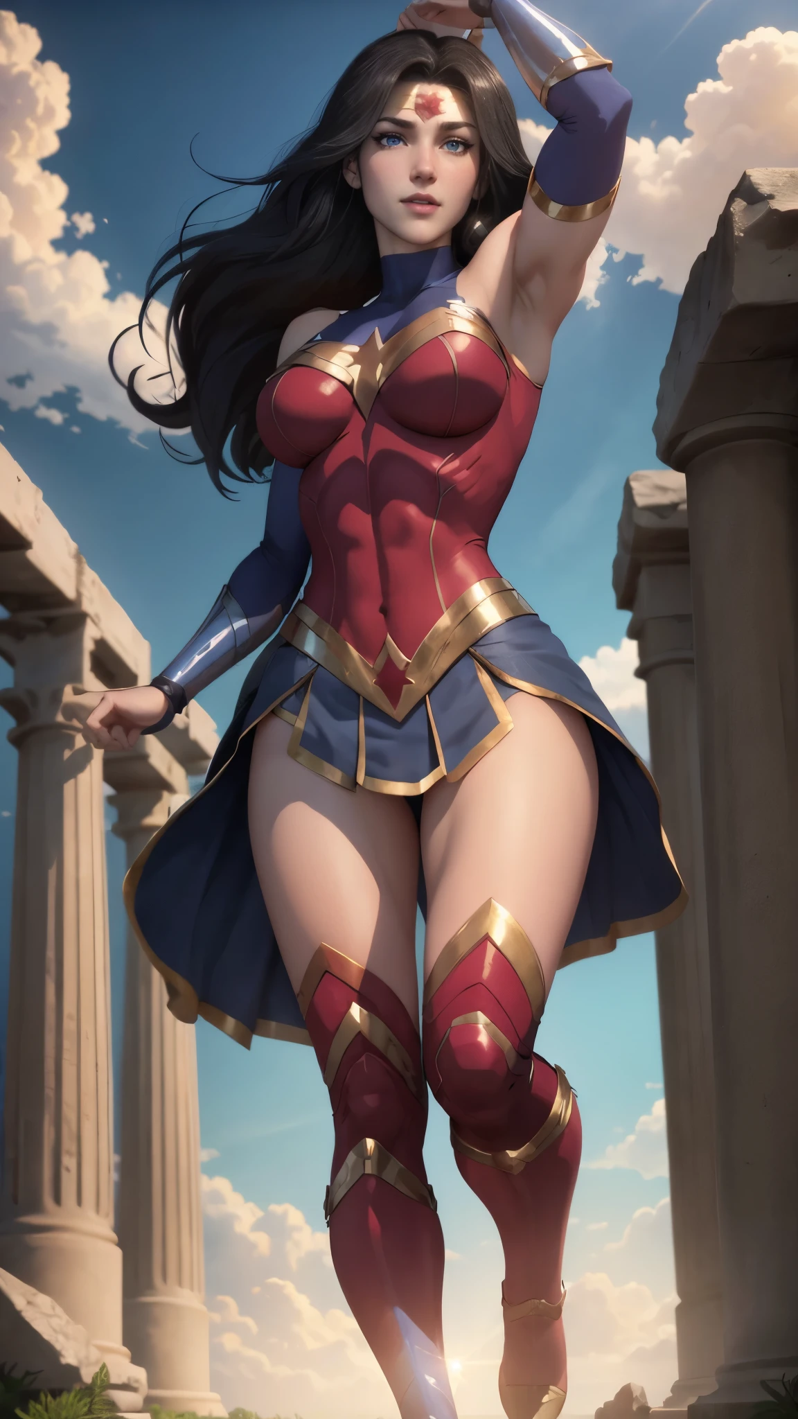 wonder woman da DC,(best qualityer,4K,8k,high resolution,work of art:1.2)(weather: cloudy)(pose: stretching), greek temple background, temple ruins, long curly hair, black hair, red top, blue micro shorts, red thigh high boots, diadem, long toga skirt, bracelets, ultra detailed,portrait,realistic,beautiful detailed blue eyes, beautiful detailed lips,extremely detailed eye and face, long eyelashes,average,large breasts,flying hair,beaming smile, sexy smile,powerful girl, bright coloured, dramatic lighting,